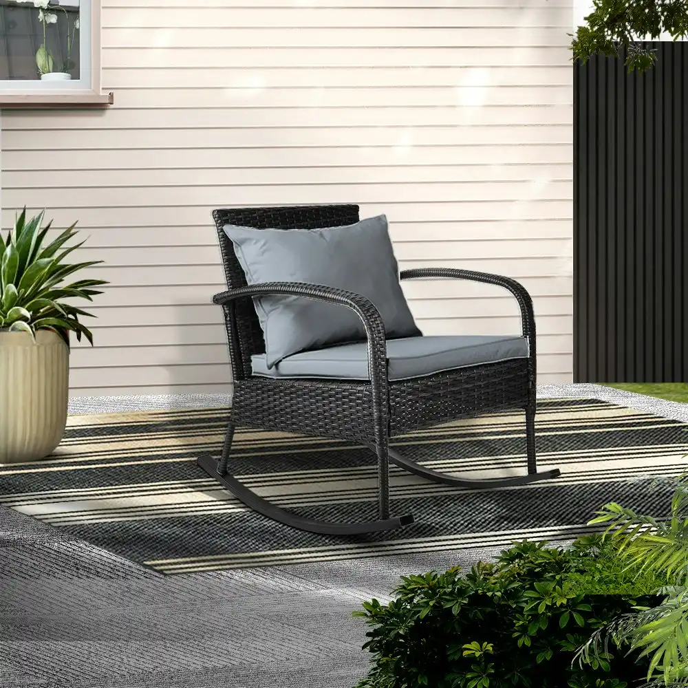 Gardeon Wicker Outdoor Rocking Chairs Table Setting Rattan Recliner sofa lounge Indoor Garden Patio Black