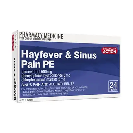 Pharmacy Action Hayfever & Sinus Pain Relief PE 24 Tabs (Generic of Codral PE Nightime Cold & Flu)