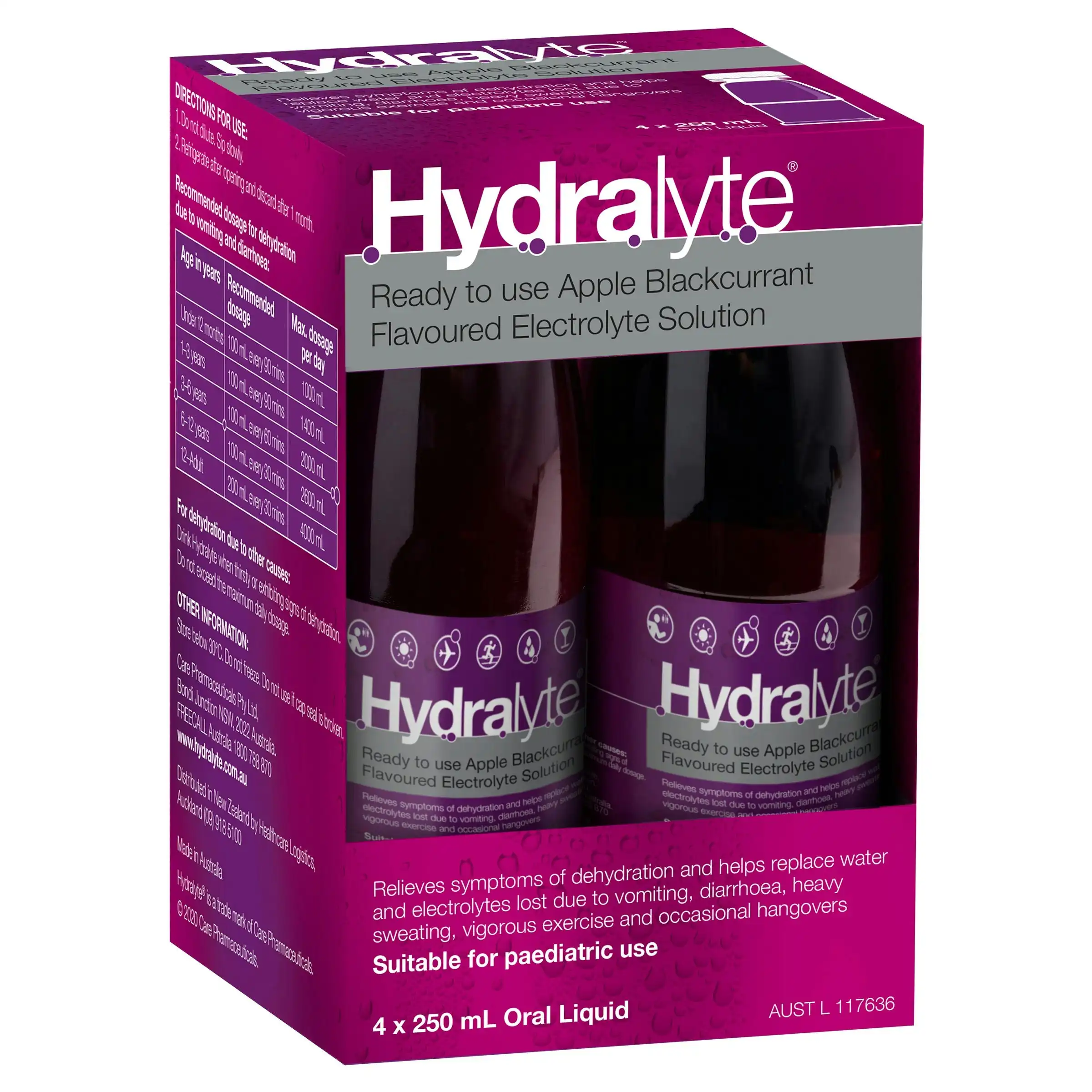 Hydralyte Electrolyte Apple Blackcurrant 4 Pack (4x250ml) Solution