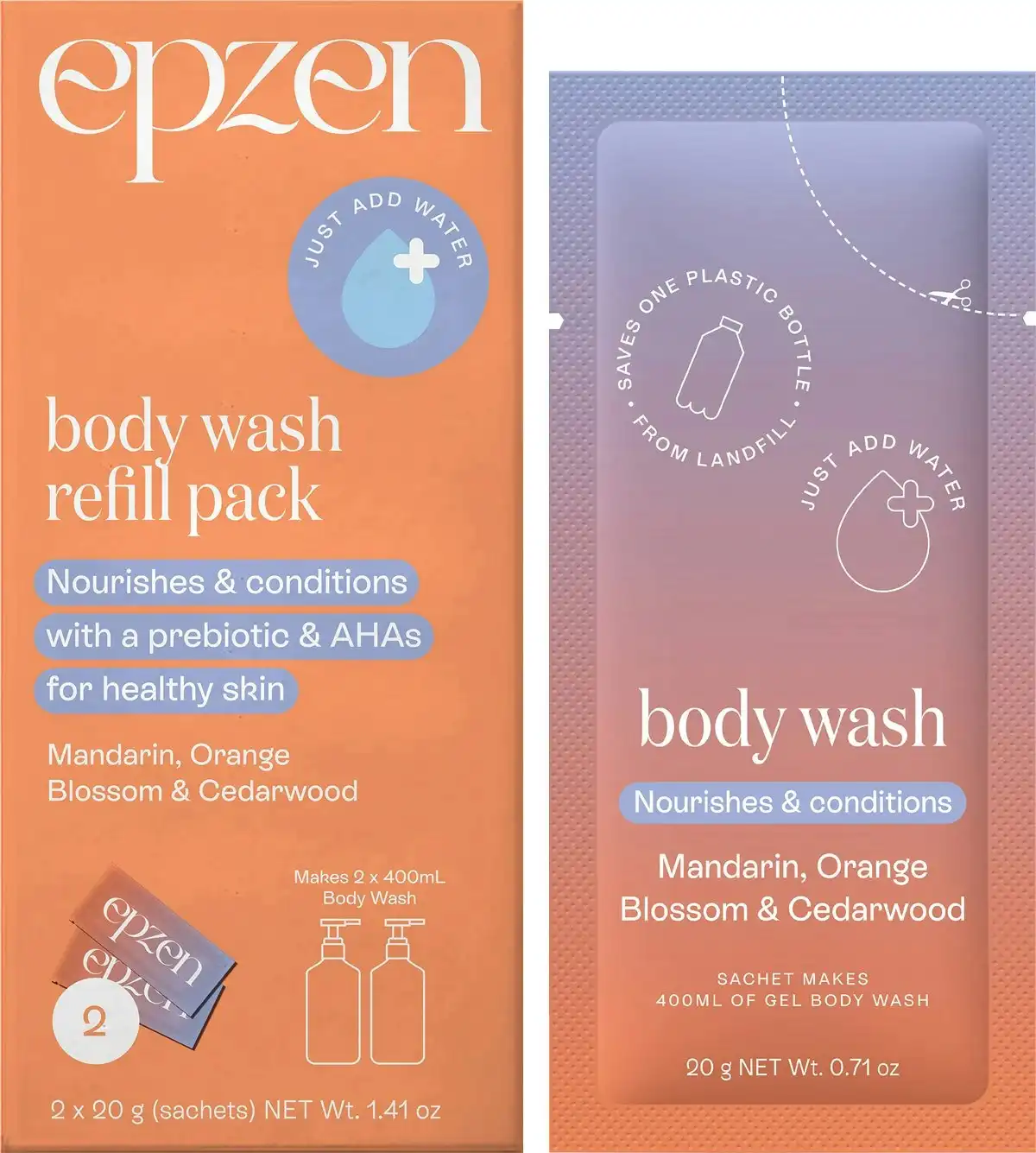EpZen Body Wash Refill Pack Mandarin, Orange Blossom & Cedarwood 2x20g