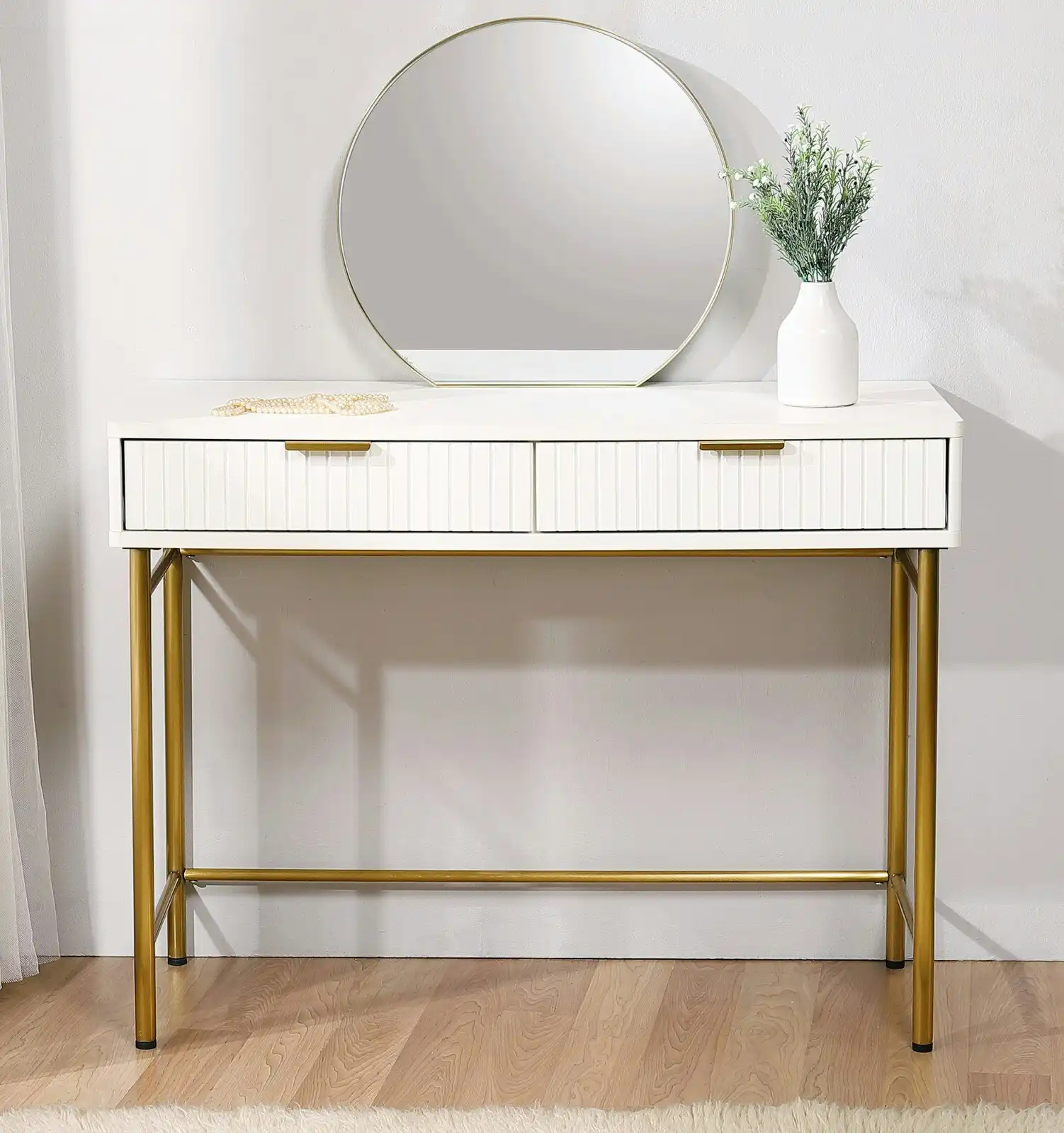 Cora Dressing Table with Mirror 2 Drawers Metal Brushed Gold Handles and Legs