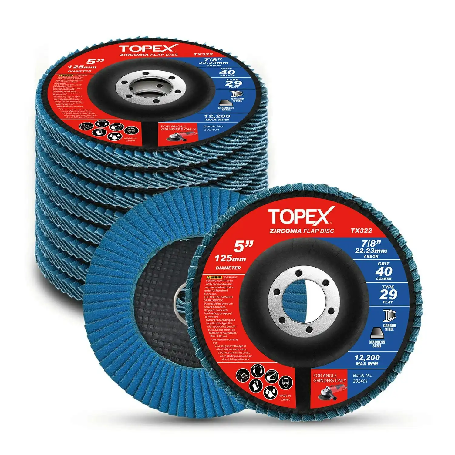 Topex 125mm Zirconia Flap Disc, 40/60/80/120 Grit, 10Pack