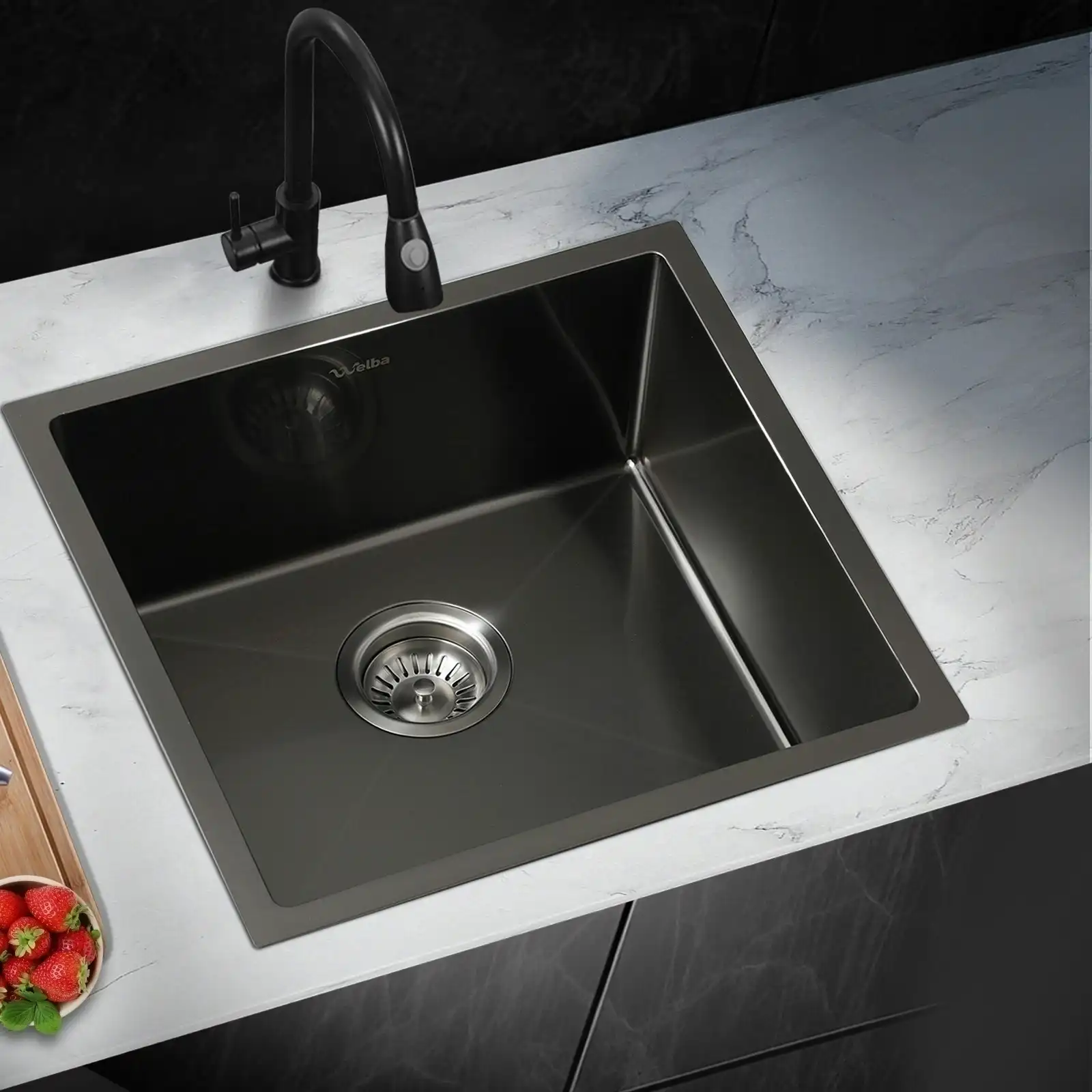 Welba Kitchen Sink 44X44CM Stainless Steel Single Bowl Basin With Waste Black