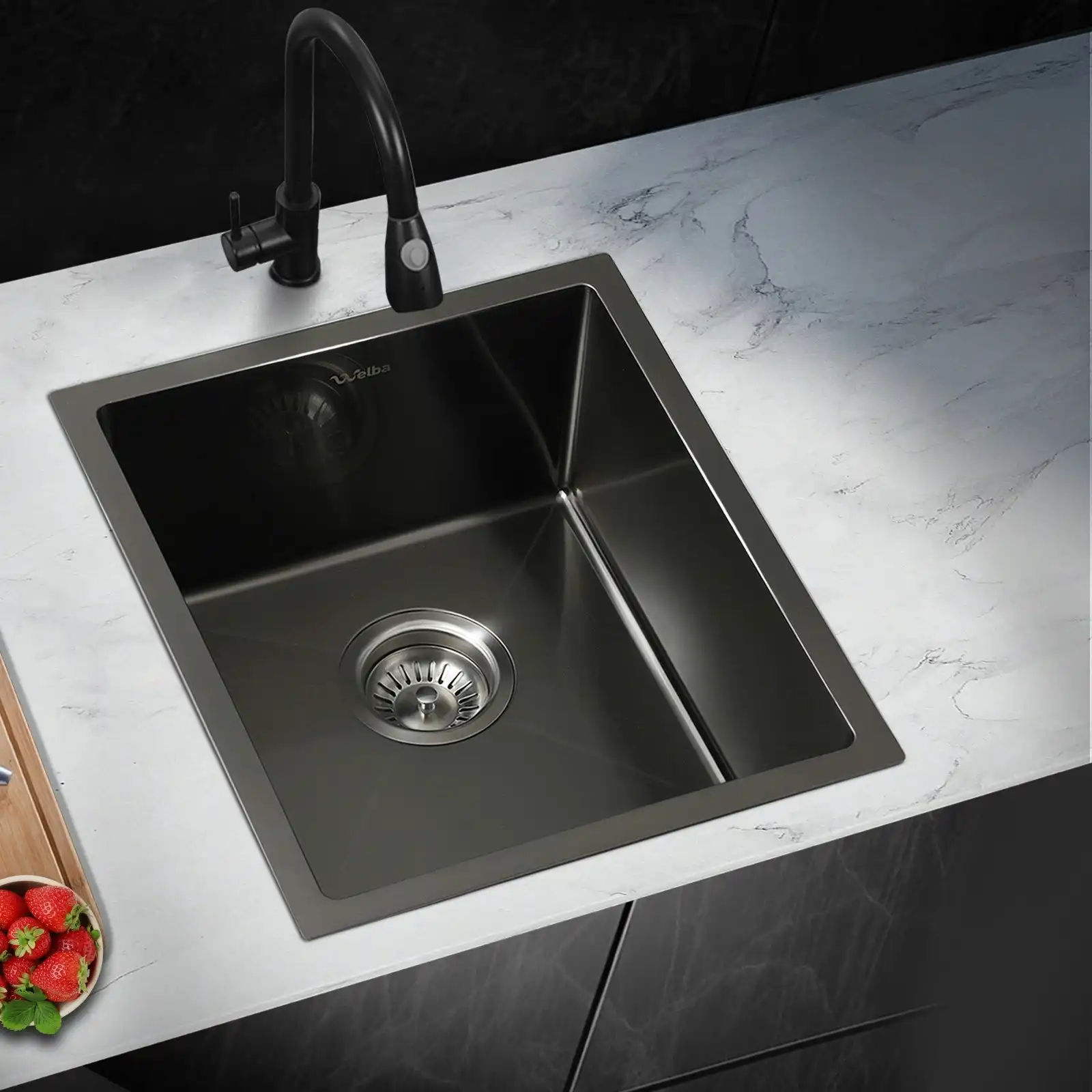 Welba Kitchen Sink 44X38CM Stainless Steel Single Bowl Basin With Waste Black