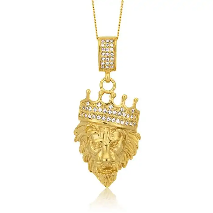 Stainless Steel and Gold Plated Crystal  Lion Head with Crown Pendant