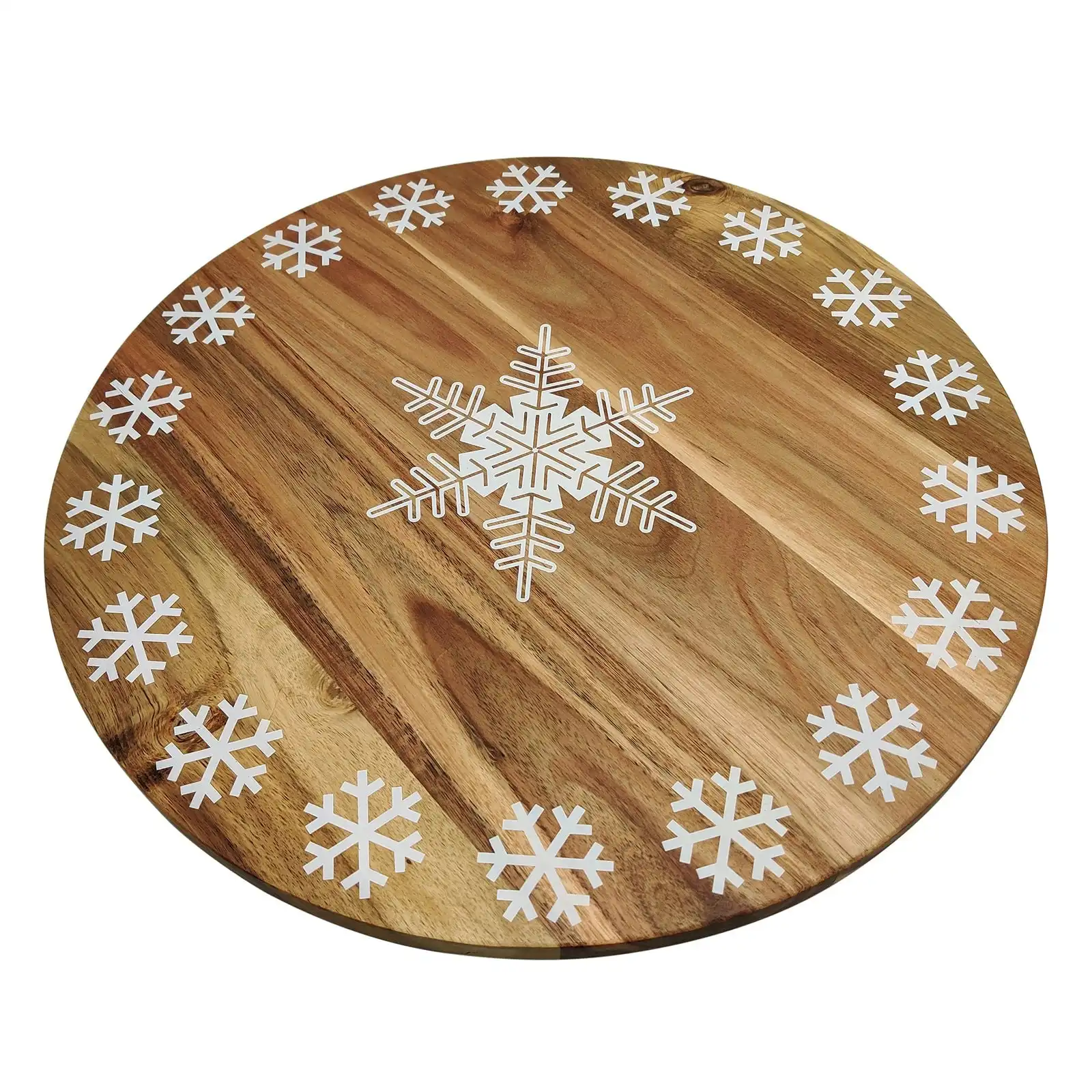 Bread and Butter 18 Inch Print Wooden Lazy Susan Tray - White Snowflake