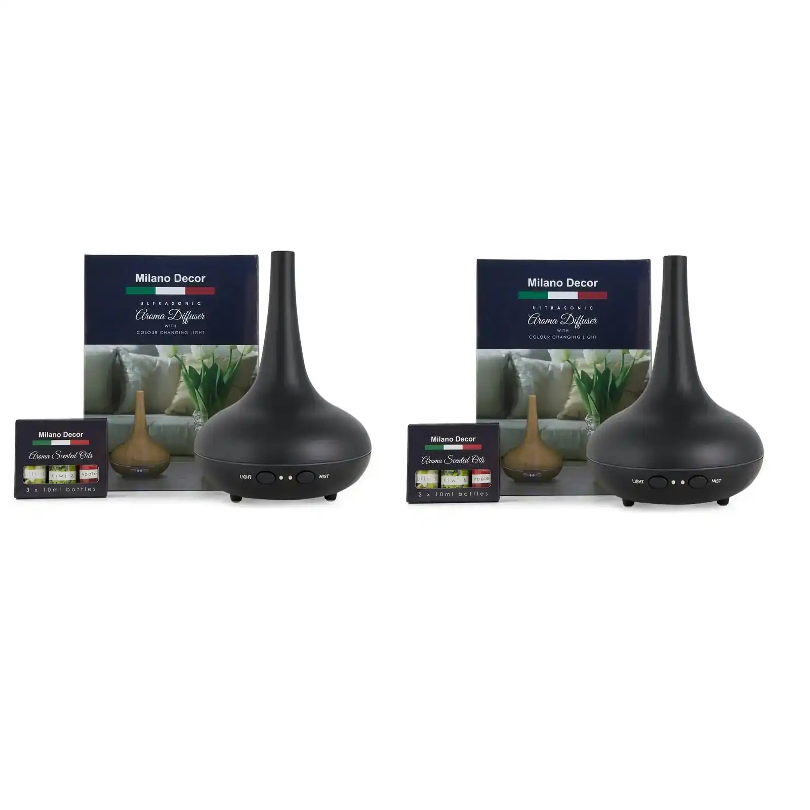 2 x Milano Decor Ultrasonic Aroma Diffusers + 6 Diffuser Oils Complete Set