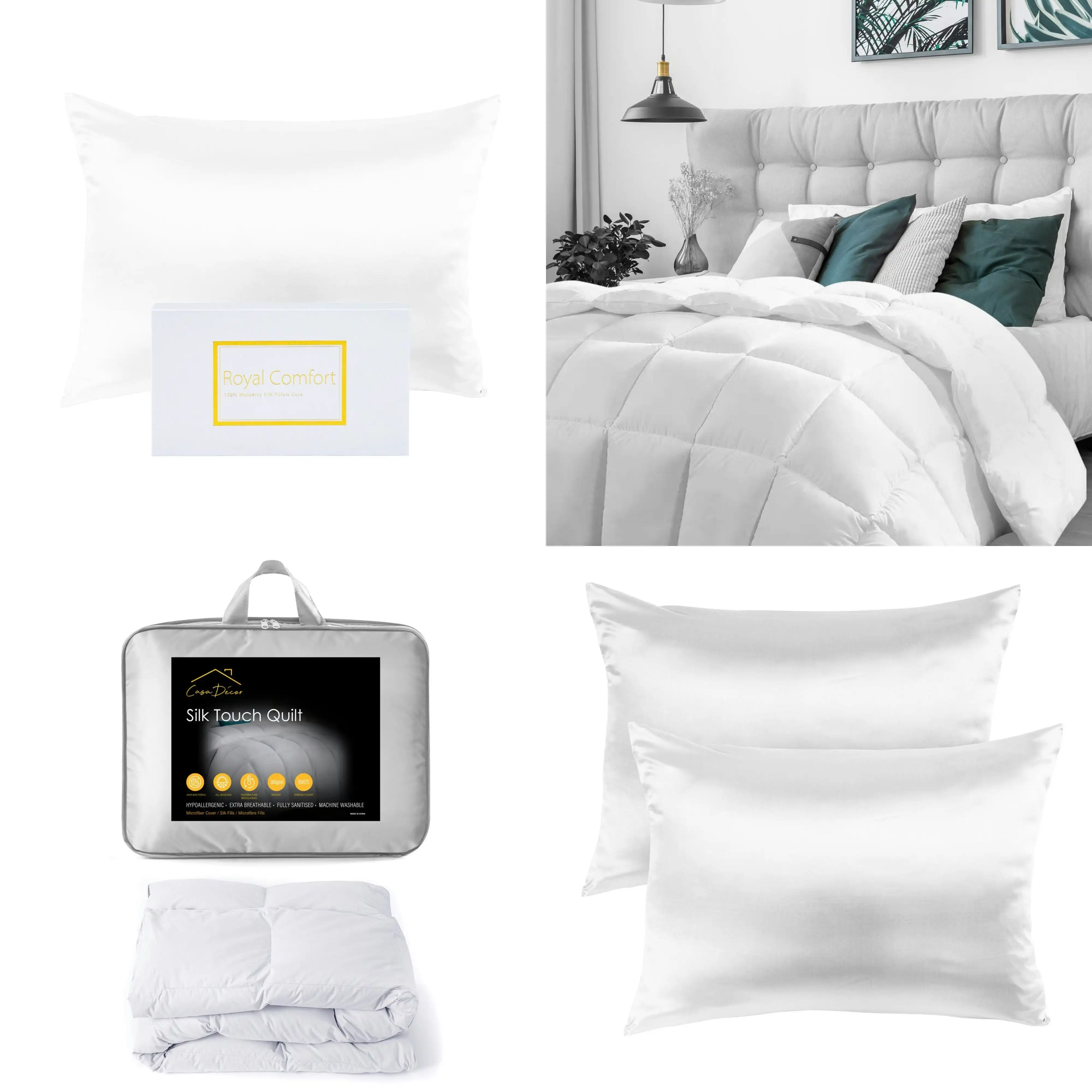 Silk Pillowcase Pack White And 360GSM Silk Touch Quilt Queen Bundle