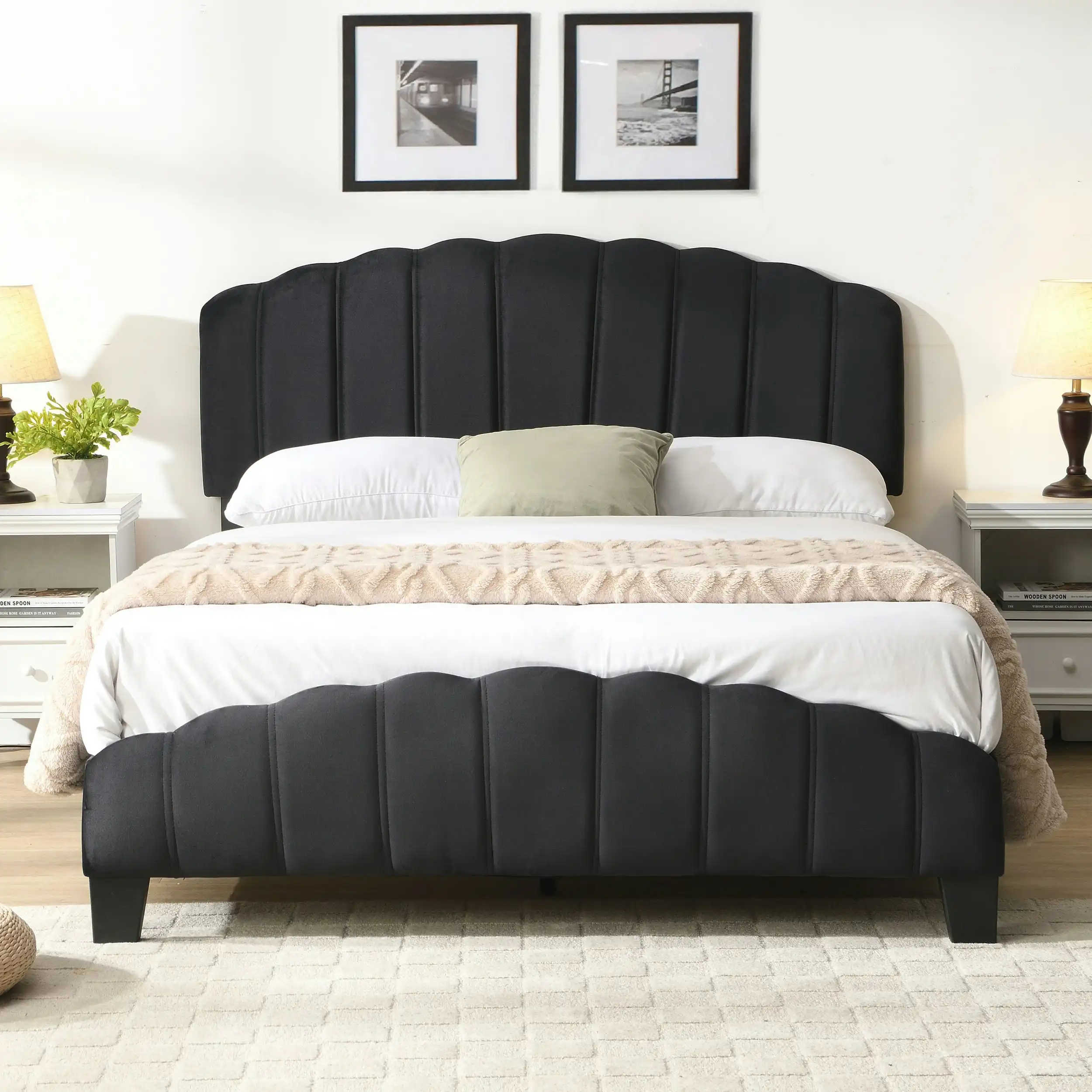 IHOMDEC Queen Size Shell-Style Bed Frame Base Mattress Platform BEF04 Black