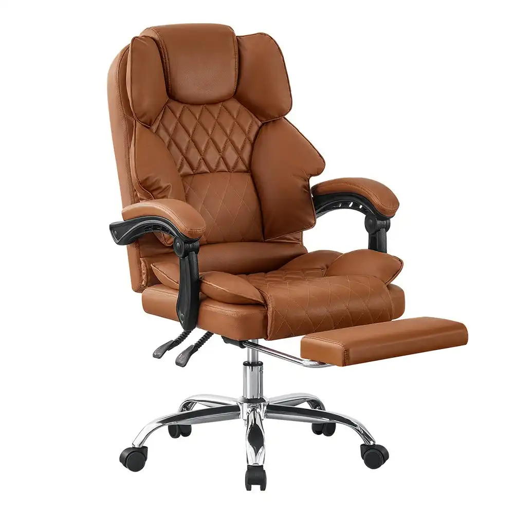 Furb Executive Office Chair PU Leather Thick Back Padded Support with Footrest Brown