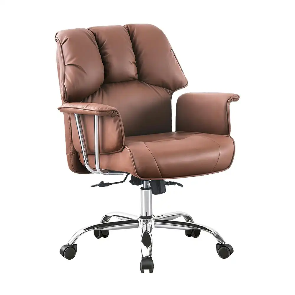 Furb Executive Office Chair PU Leather Mid-Back Thick Padded Back Support Brown