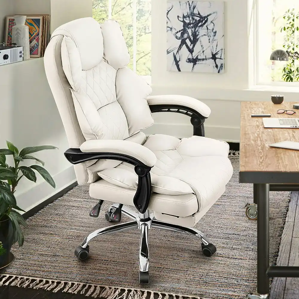 Furb Executive Office Chair PU Leather Thick Back Padded Support with Footrest White