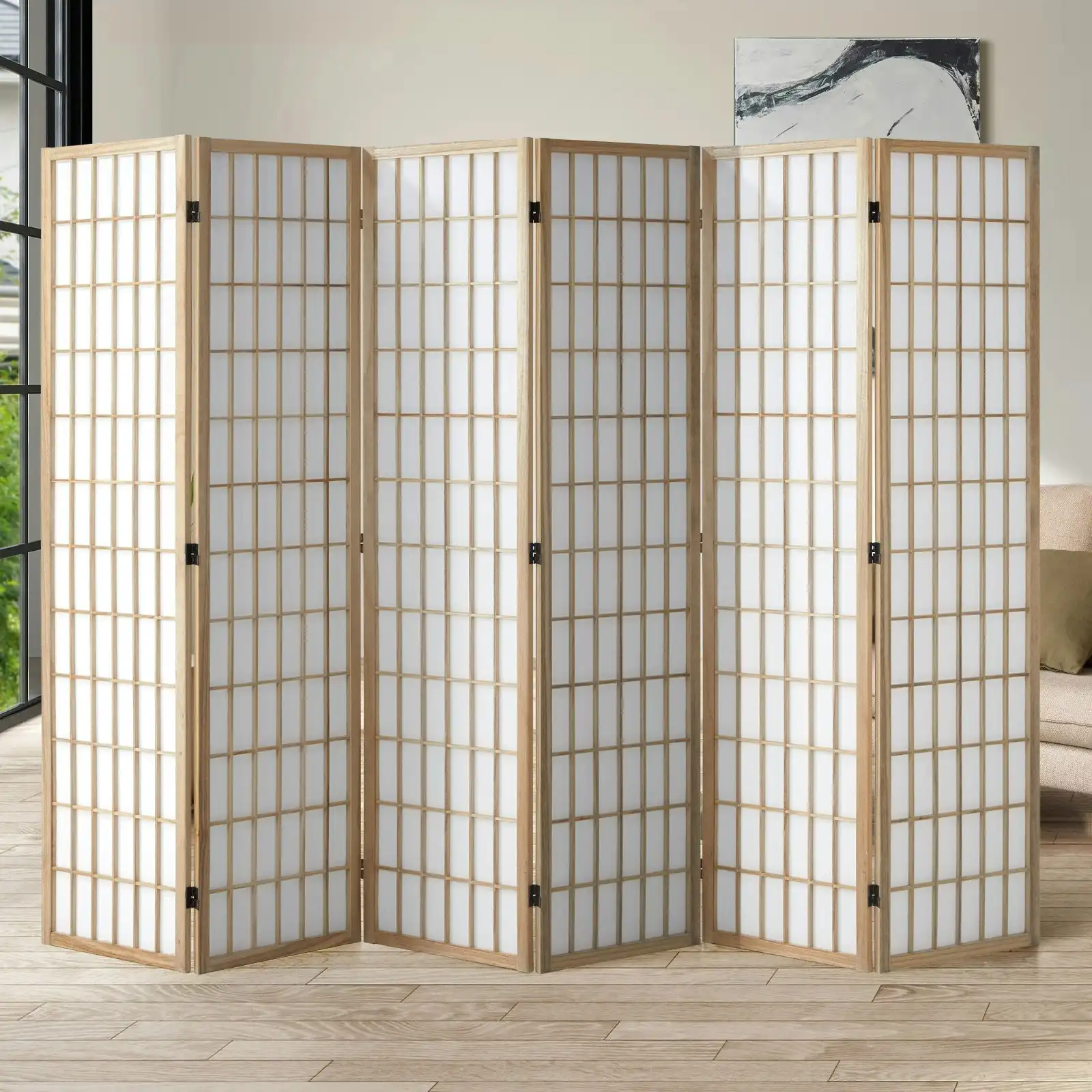 Oikiture 6 Panel Room Divider Privacy Screen Partition Timber Farbic Natural