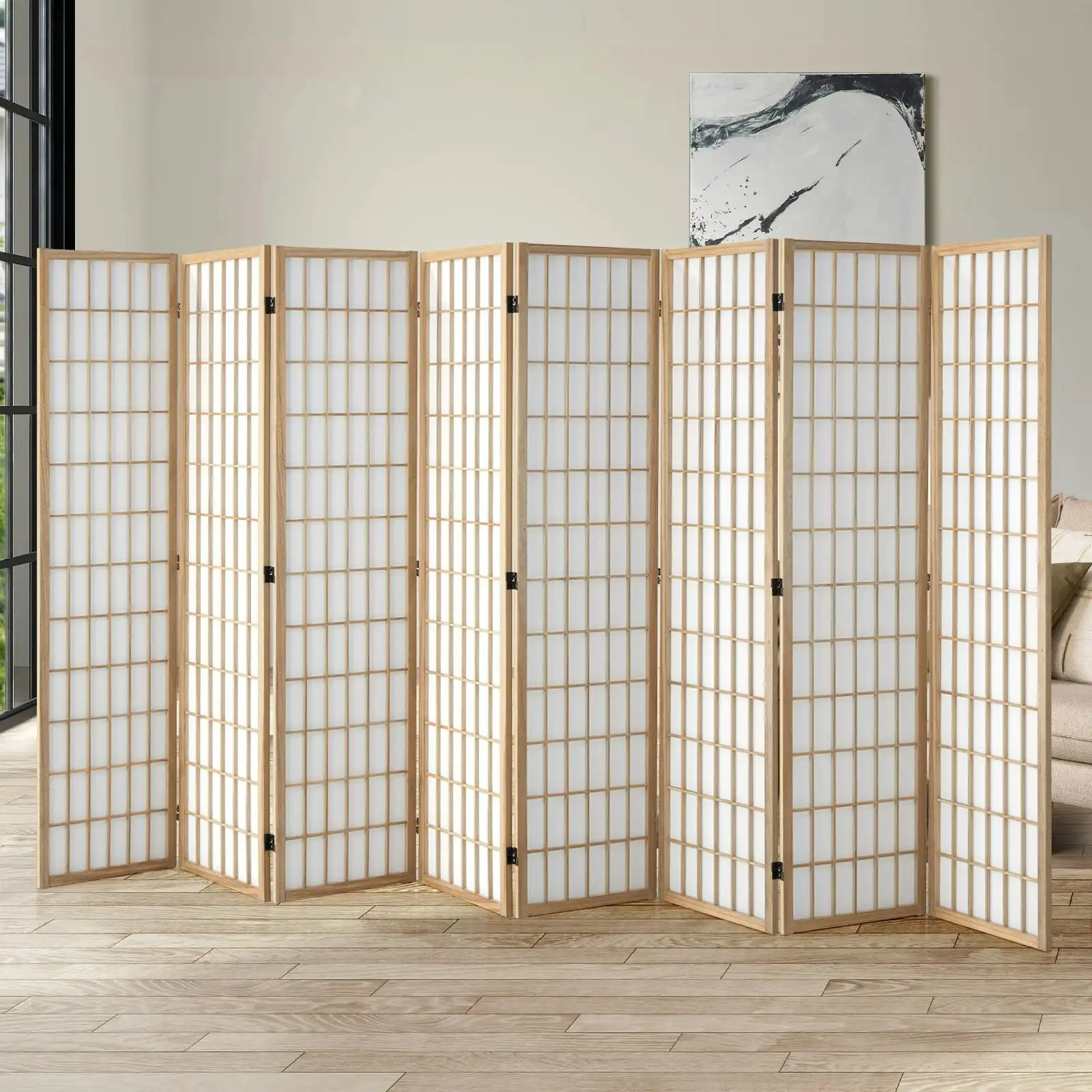 Oikiture 8 Panel Room Divider Privacy Screen Partition Timber Farbic Natural