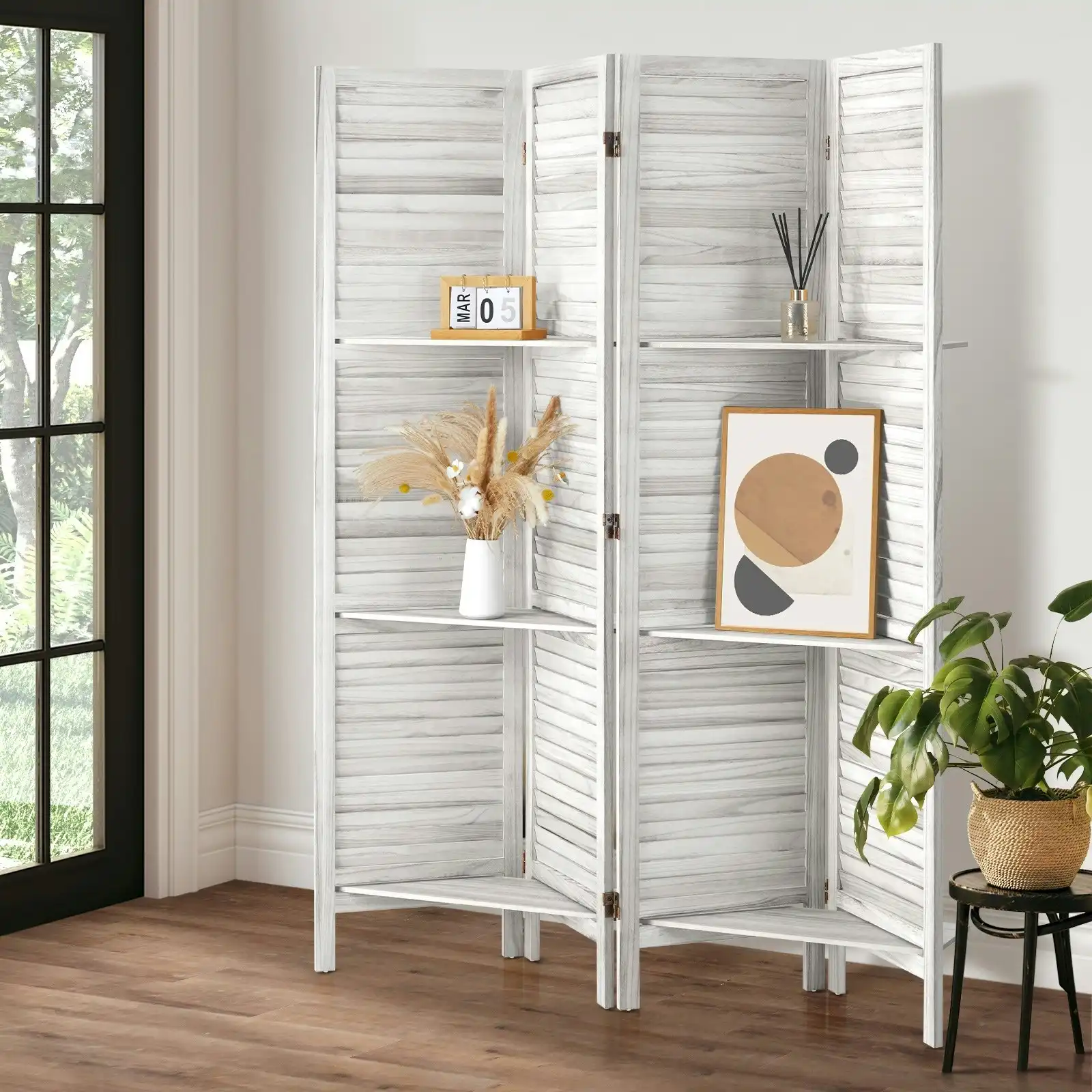 Oikiture 4 Panel Room Divider Privacy Screen With Shelves Timber Wooden White