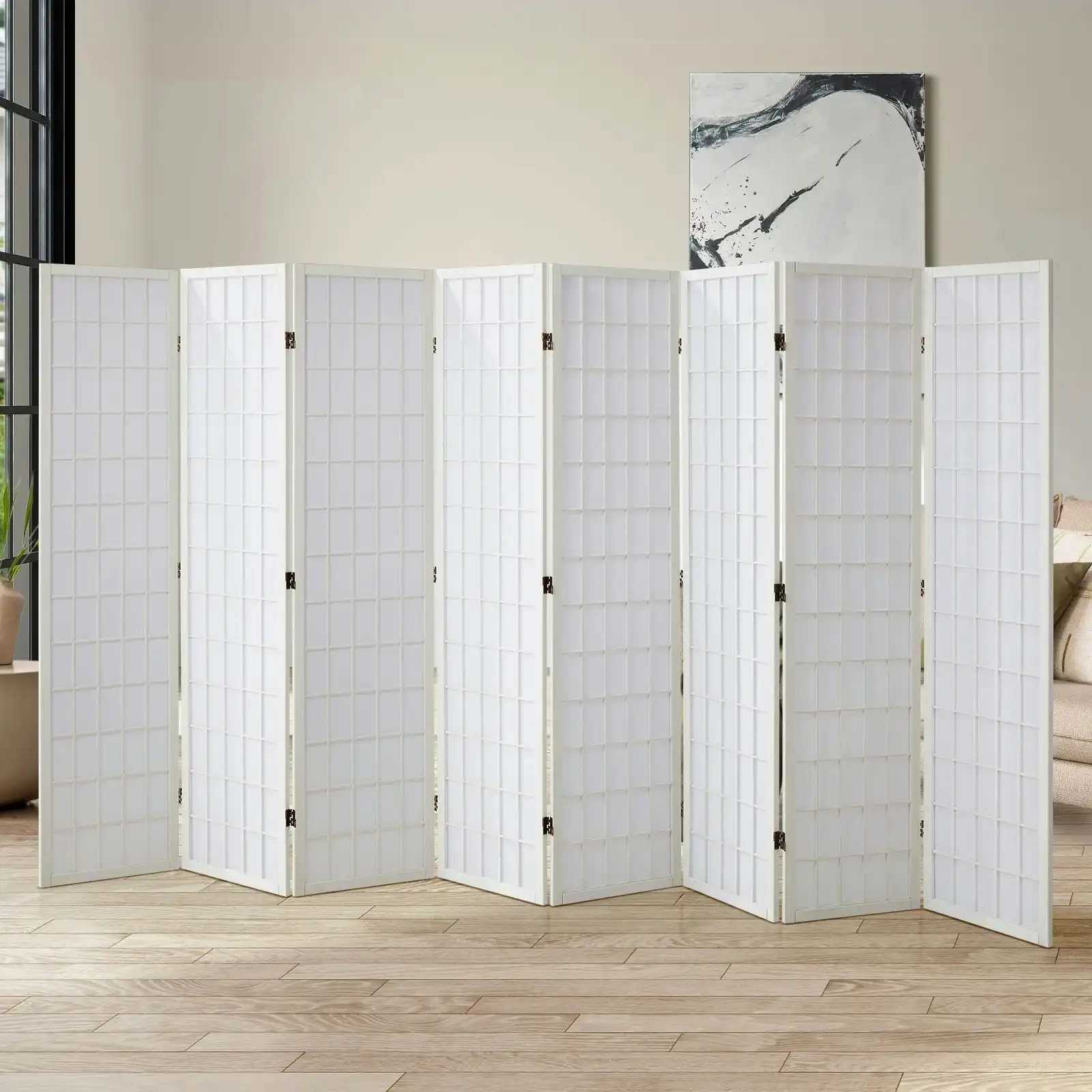 Oikiture 8 Panel Room Divider Privacy Screen Partition Timber Farbic White