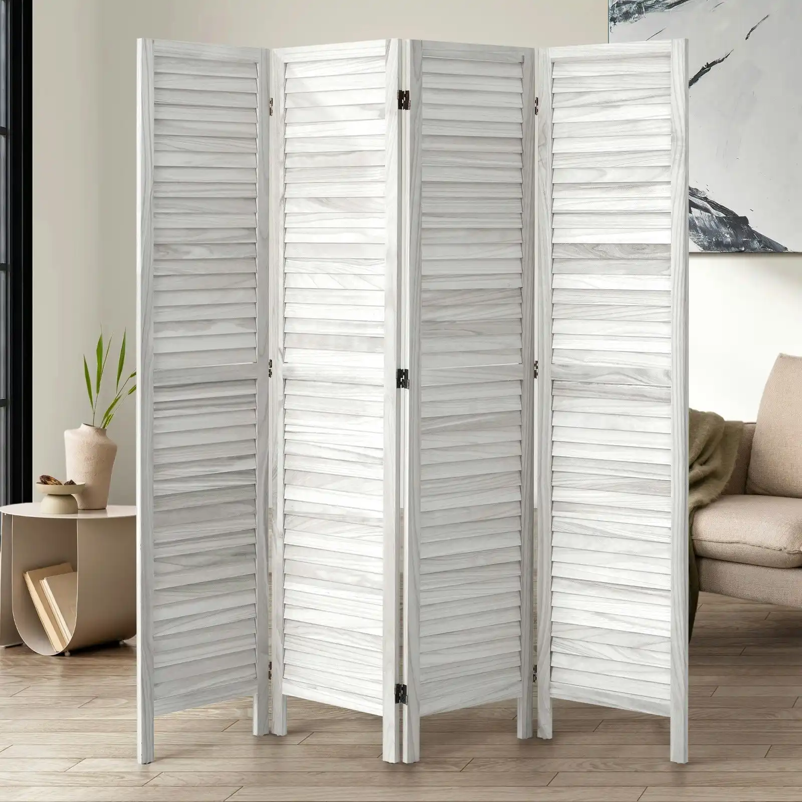 Oikiture 4 Panel Room Divider Privacy Screen Partition Timber Wooden Fold White
