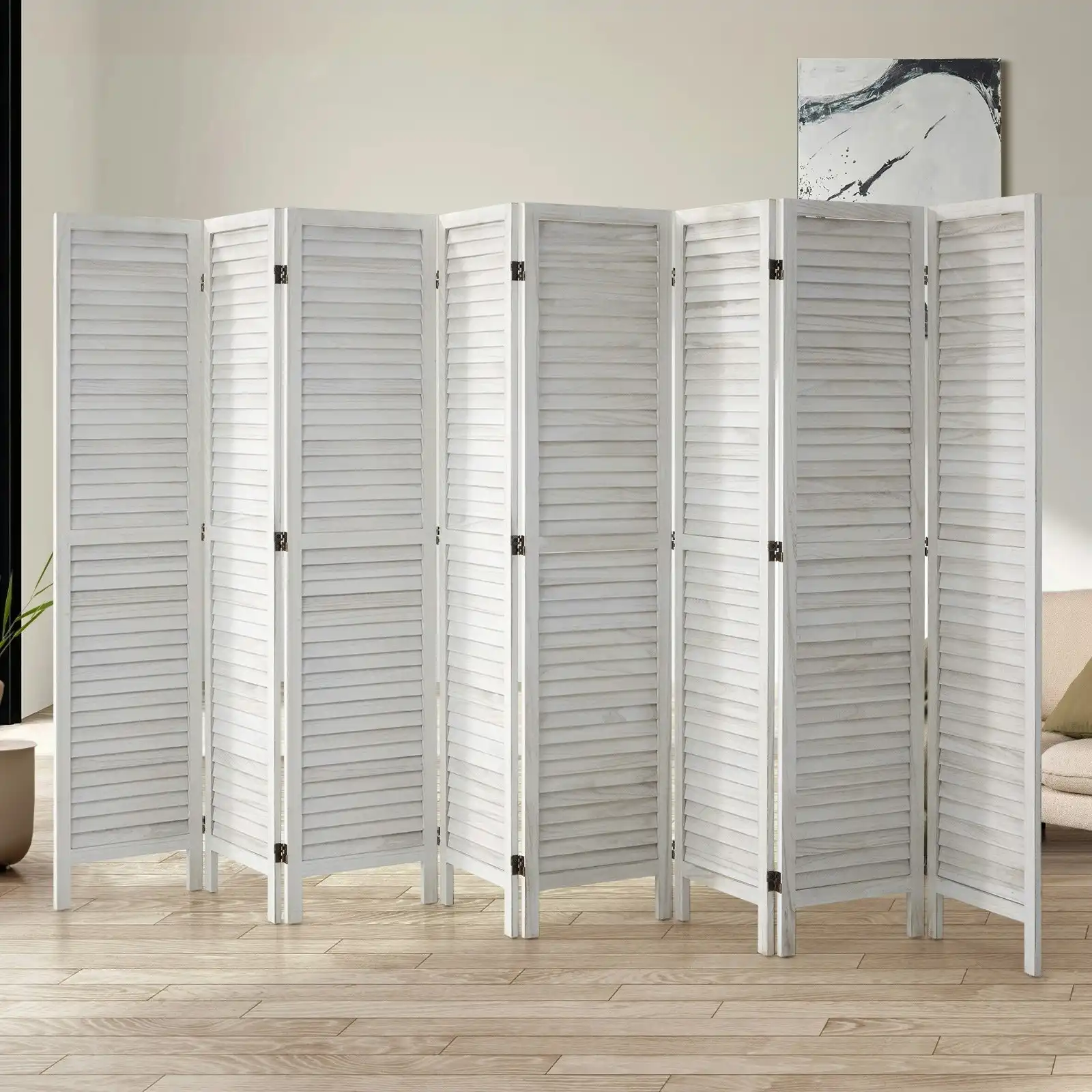 Oikiture 8 Panel Room Divider Privacy Screen Partition Timber Wooden Fold White