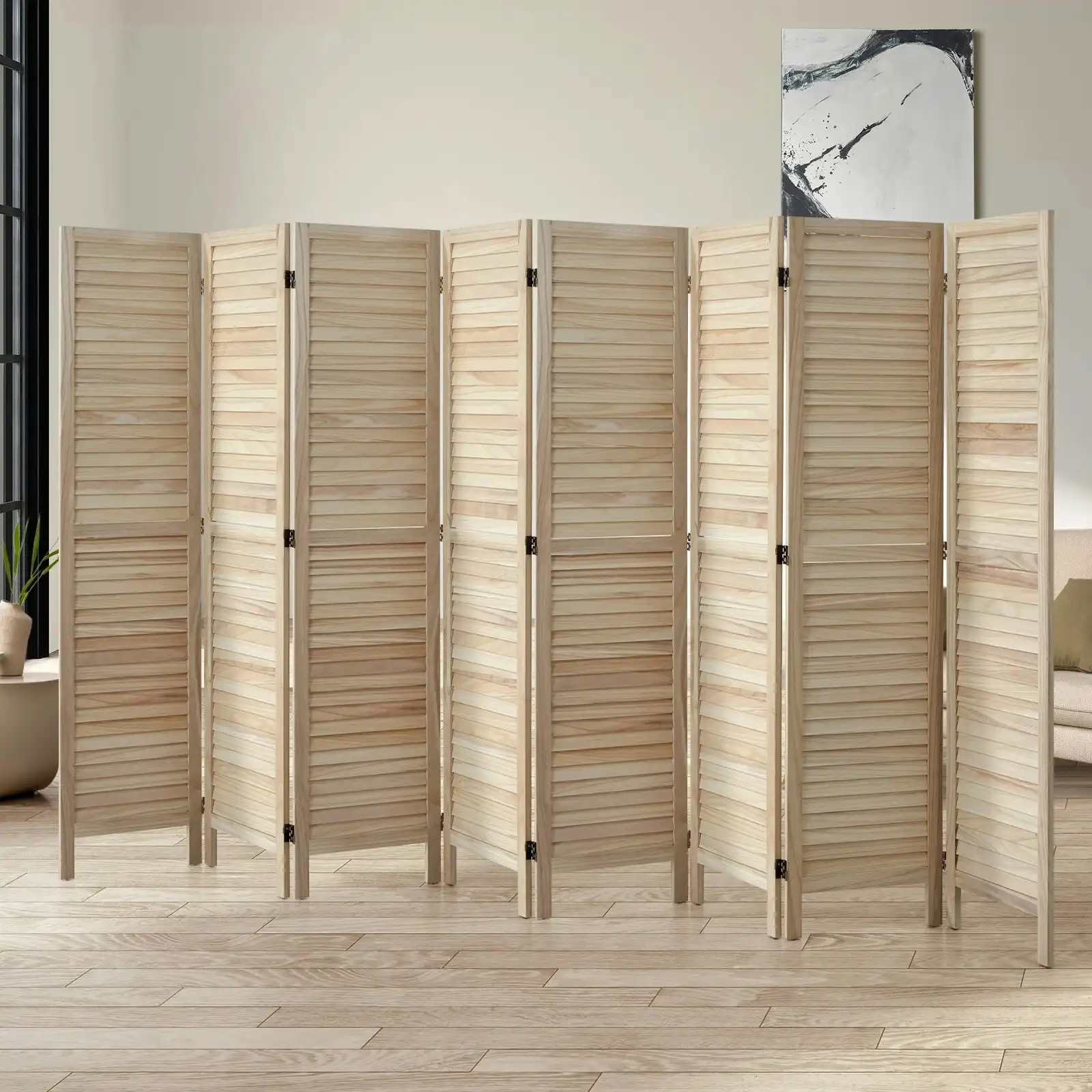 Oikiture 8 Panel Room Divider Privacy Screen Partition Timber Wooden Natural