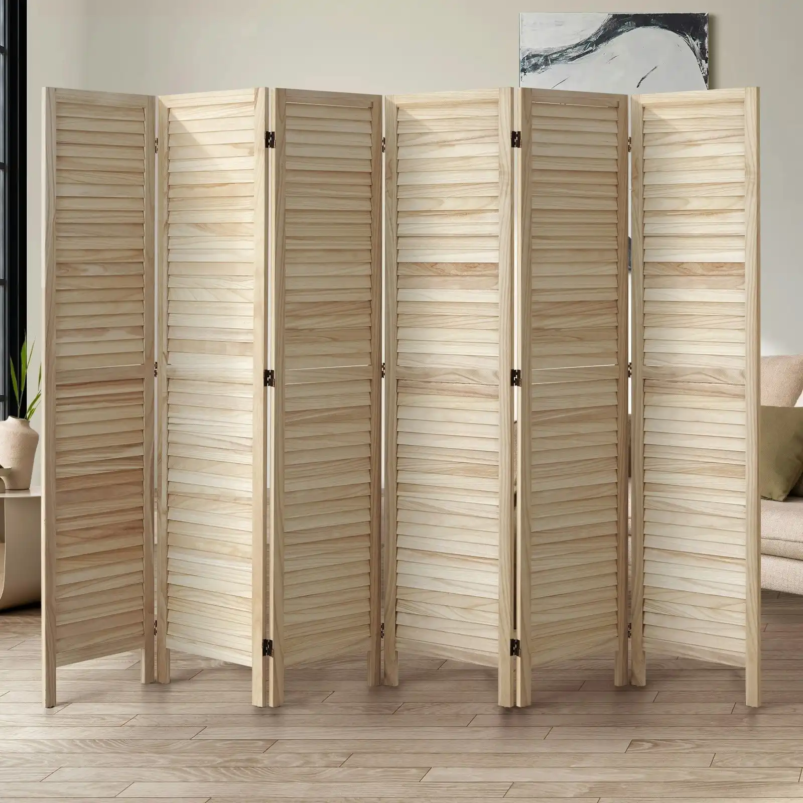 Oikiture 6 Panel Room Divider Privacy Screen Partition Timber Wooden Natural