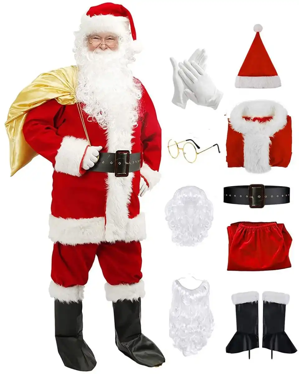 Complete 9pcs Christmas Santa Suit Deluxe Costume