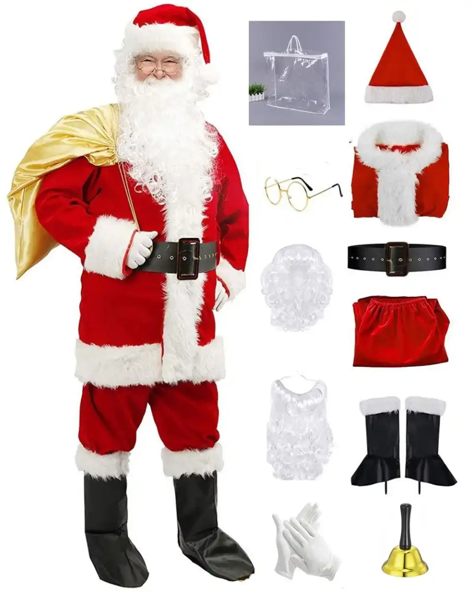 Complete 11pcs Christmas Santa Suit Deluxe Costume
