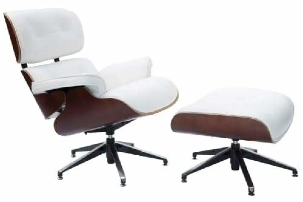 Eames Replica Lounge Chair & Ottoman - 5-Star Ottoman - Premium Leather - White