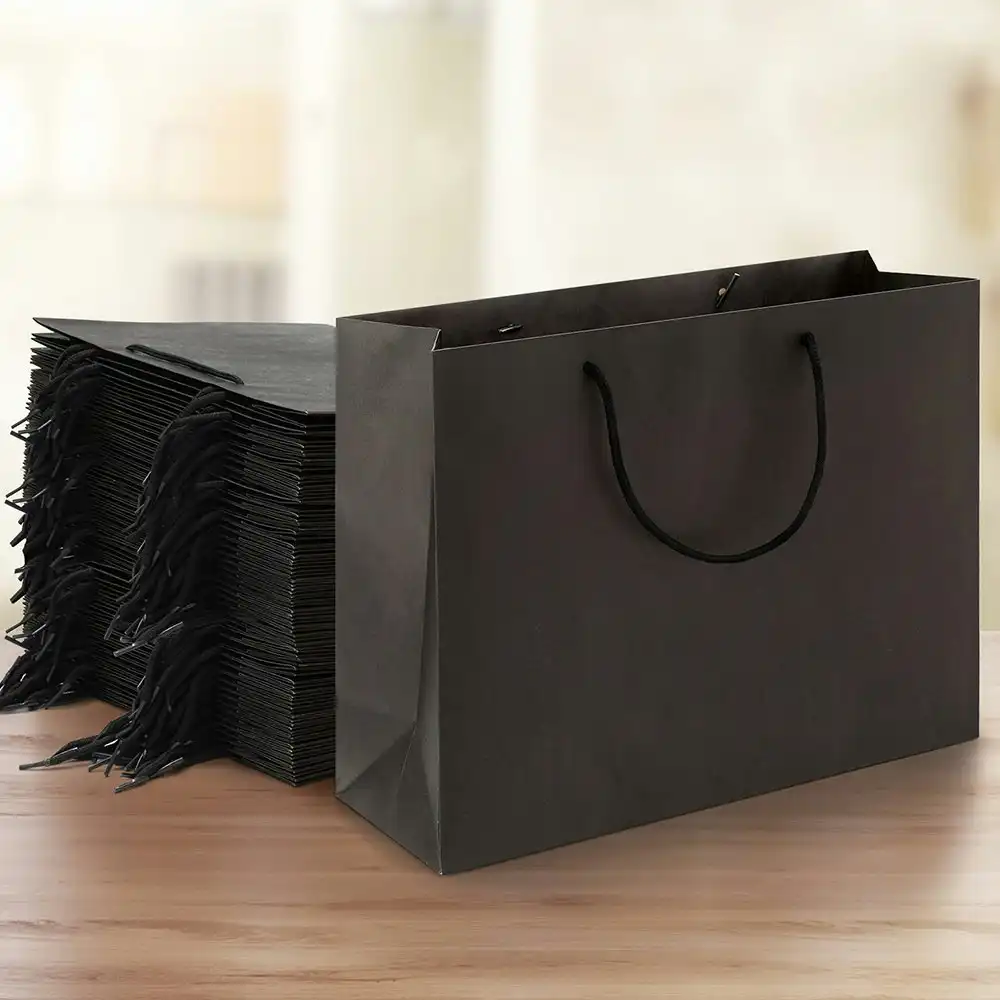 50pcs Bulk Paper Bags Pack Shopping Retail Gift Bag Reusable Fabric Handle Black