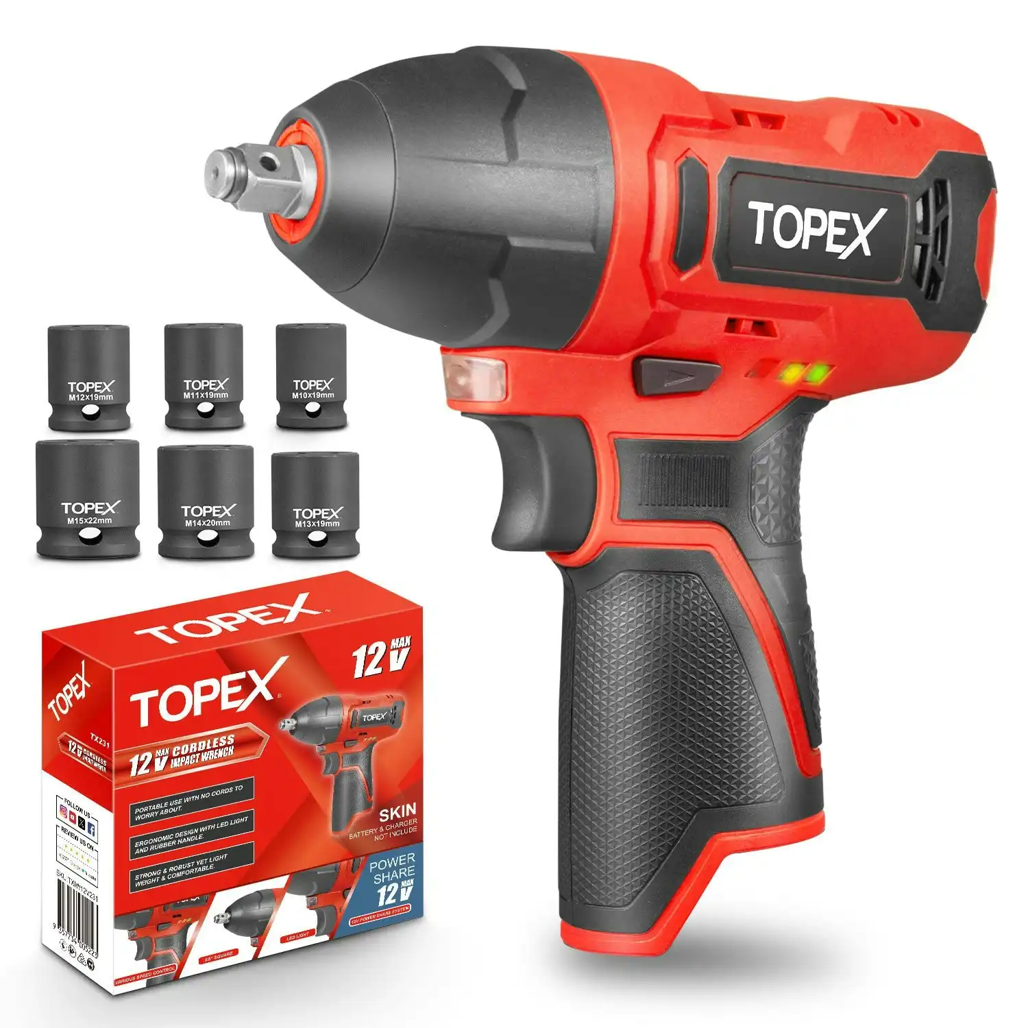 Topex 12V Cordless Impact Wrench with 3/8-Inch Chuck, Torque Max 120 N.m, 6 Sockets Skin Only without Battery