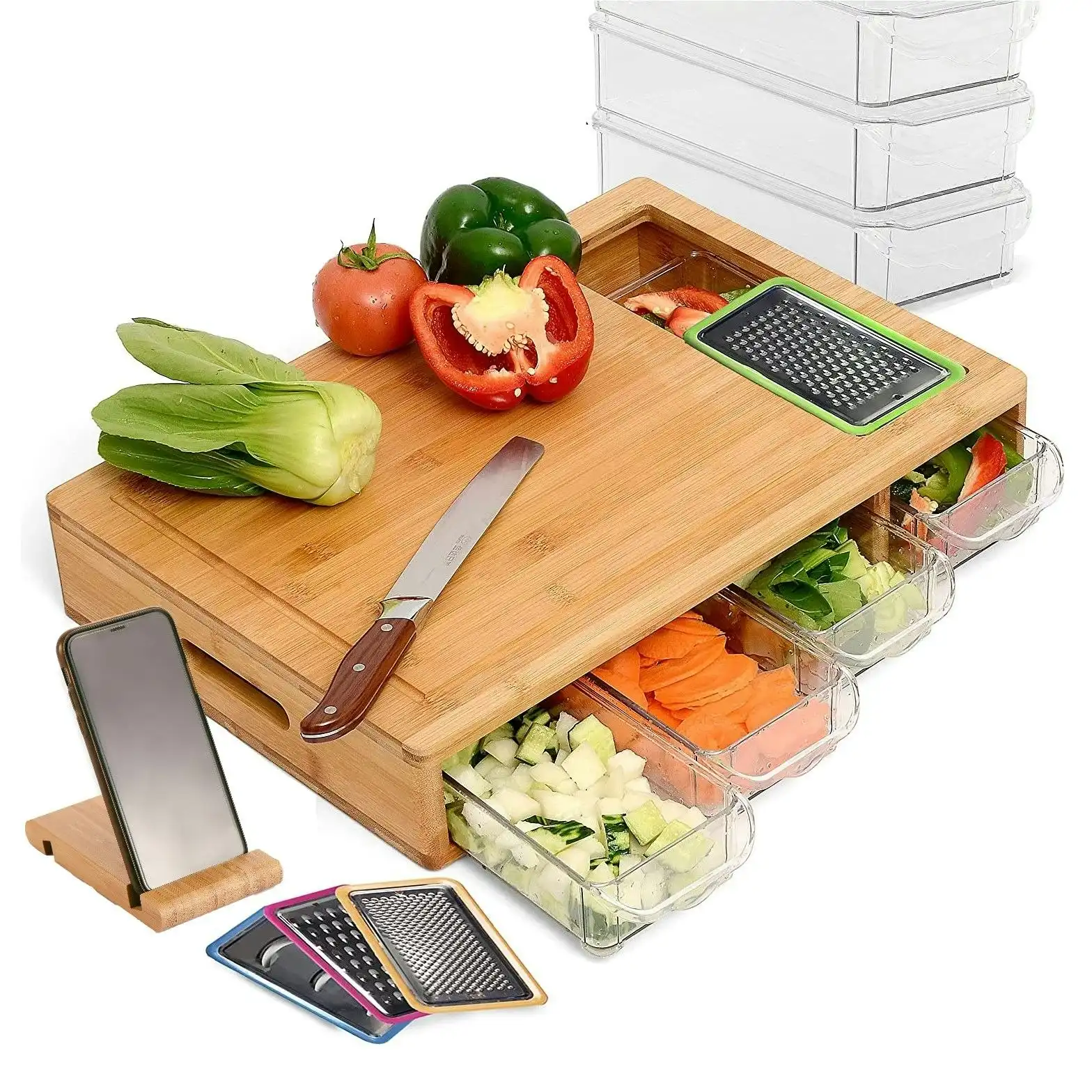 Carla Home Large Bamboo Cutting Board and 4 Containers with Mobile Holder gift included for Home Kitchen