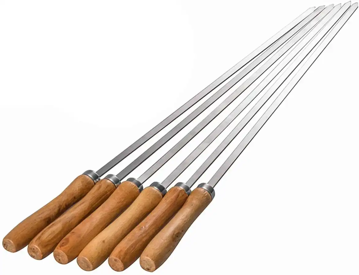 6 Pack Flat Blade Barbecue Shish Kebab Skewers of Stainless Steel with Wooden Handle