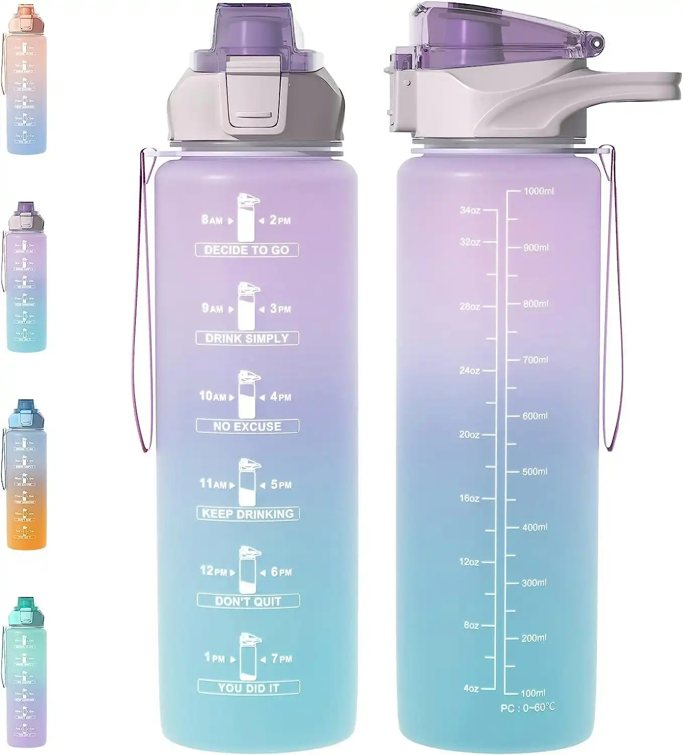 1L Water Bottle, Motivational, Time Marker Straw, 34oz Leakproof BPA Free US Tritan Gradient Purple