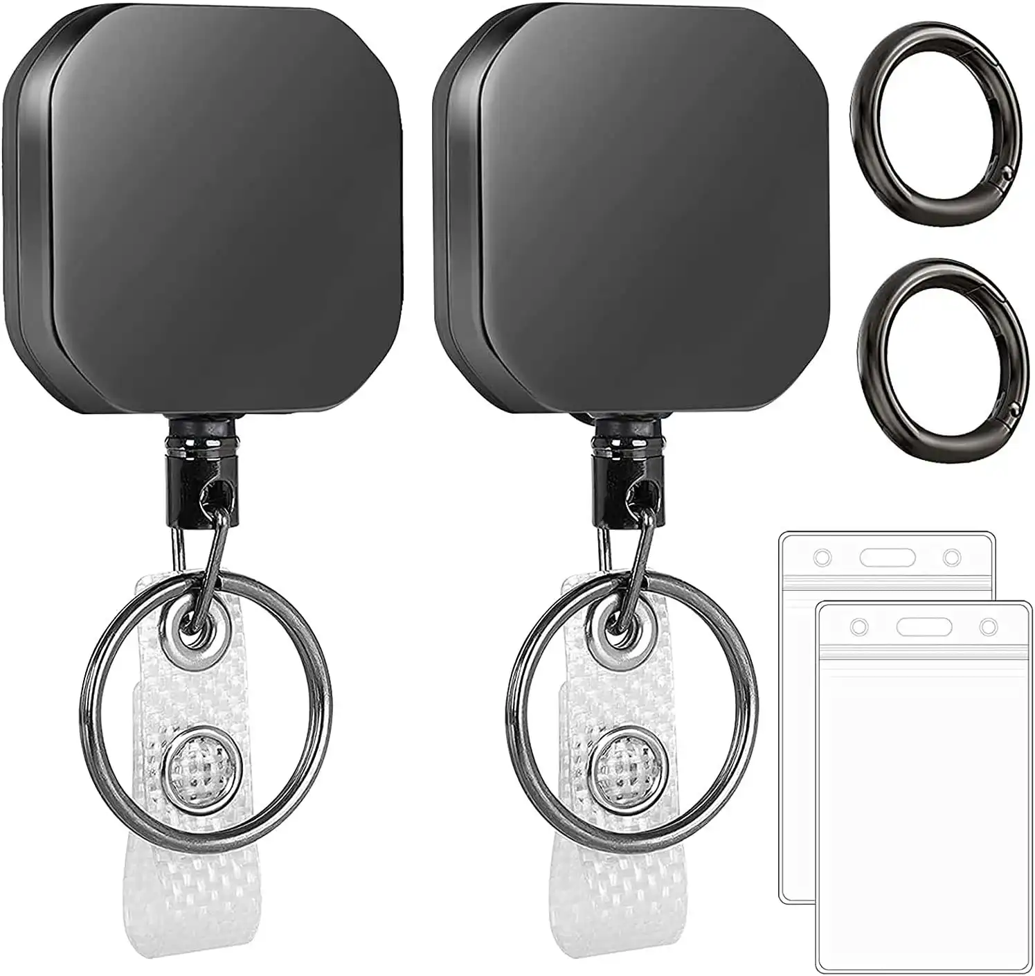 2 Pack Heavy Duty Retractable Badge Holders Reel, Wire, Cord Carabiner and Key Chain