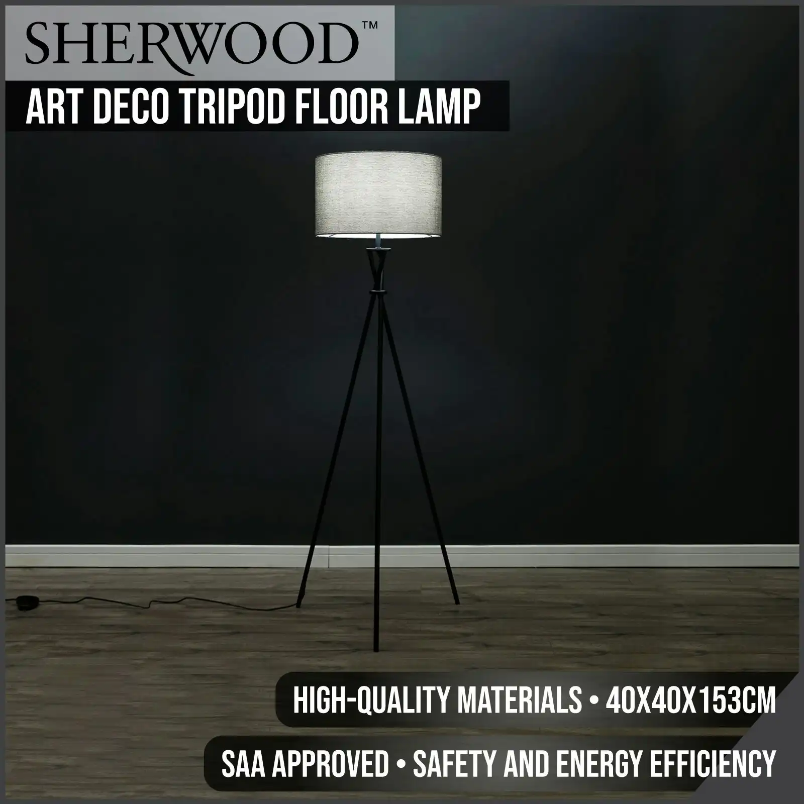 Sherwood Lighting Art Deco Tripod Floor Lamp White Polished Stainless Steel and White