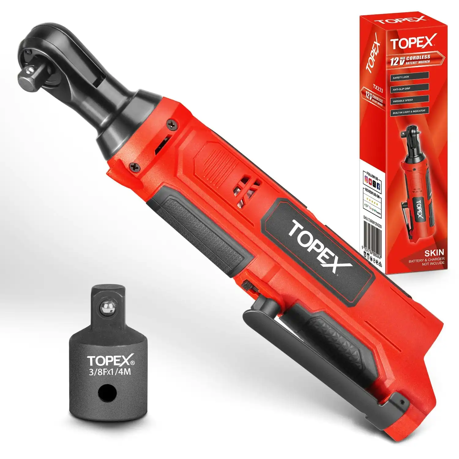 Topex 3/8" 12V Cordless Electric Ratchet Wrench 45NM 300RPM Variable Speed & LED Light Skin Only without Battery