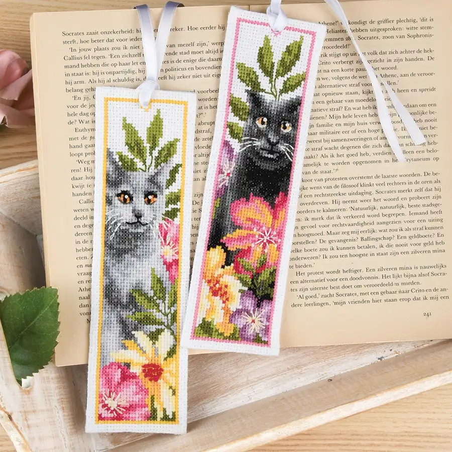 Cat Among Flowers Bookmarks- Needlework