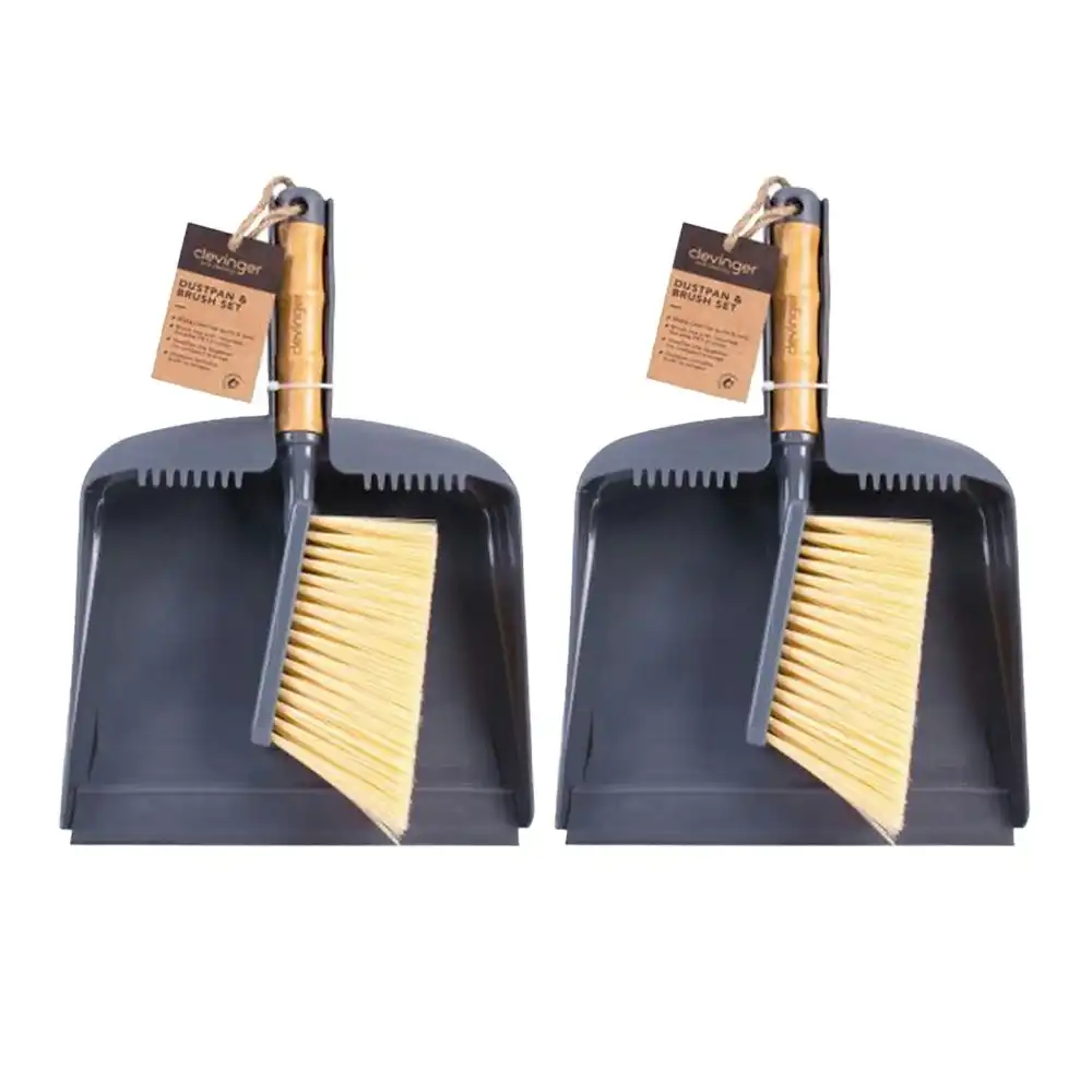 2x Clevinger Cleaning Household Dustpan And Bamboo Handle Brush Set 33x23x7cm