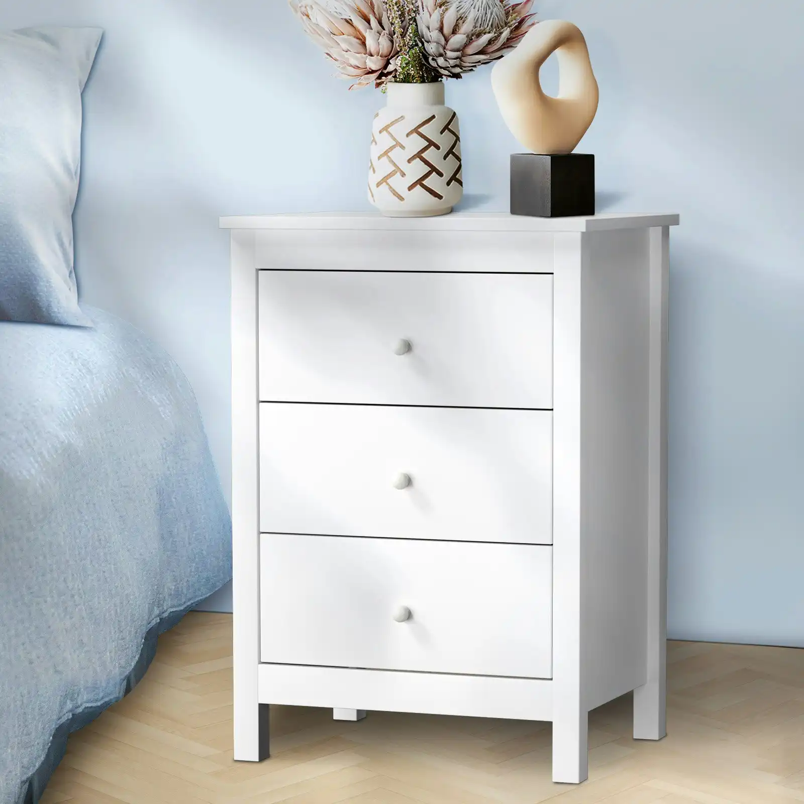 Oikiture Bedside Table 3 Drawers Bedroom Hamptons Furniture Storage Cabinet