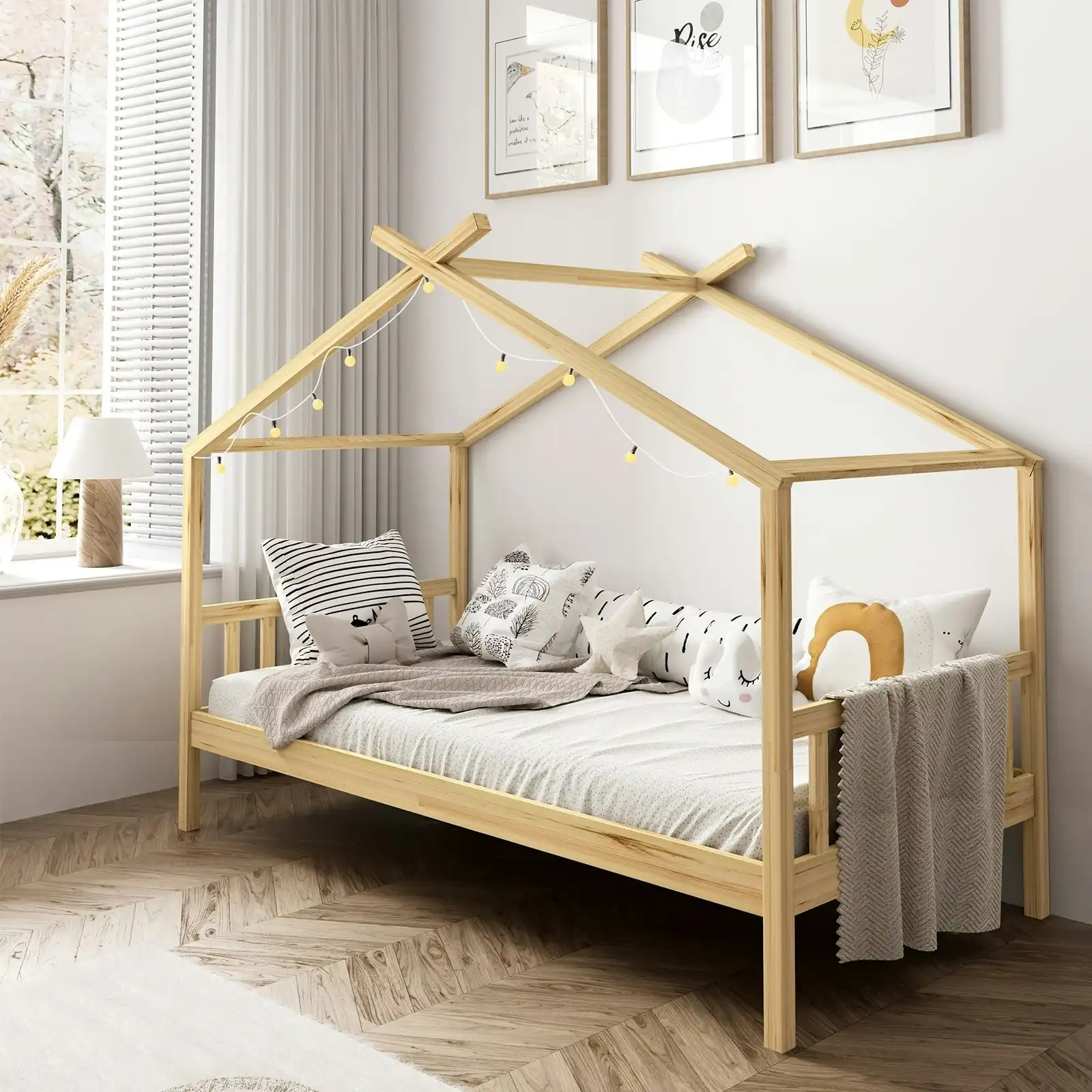 Oikiture Kids Bed Frame Single Wooden House Frame Beds Platform Timber