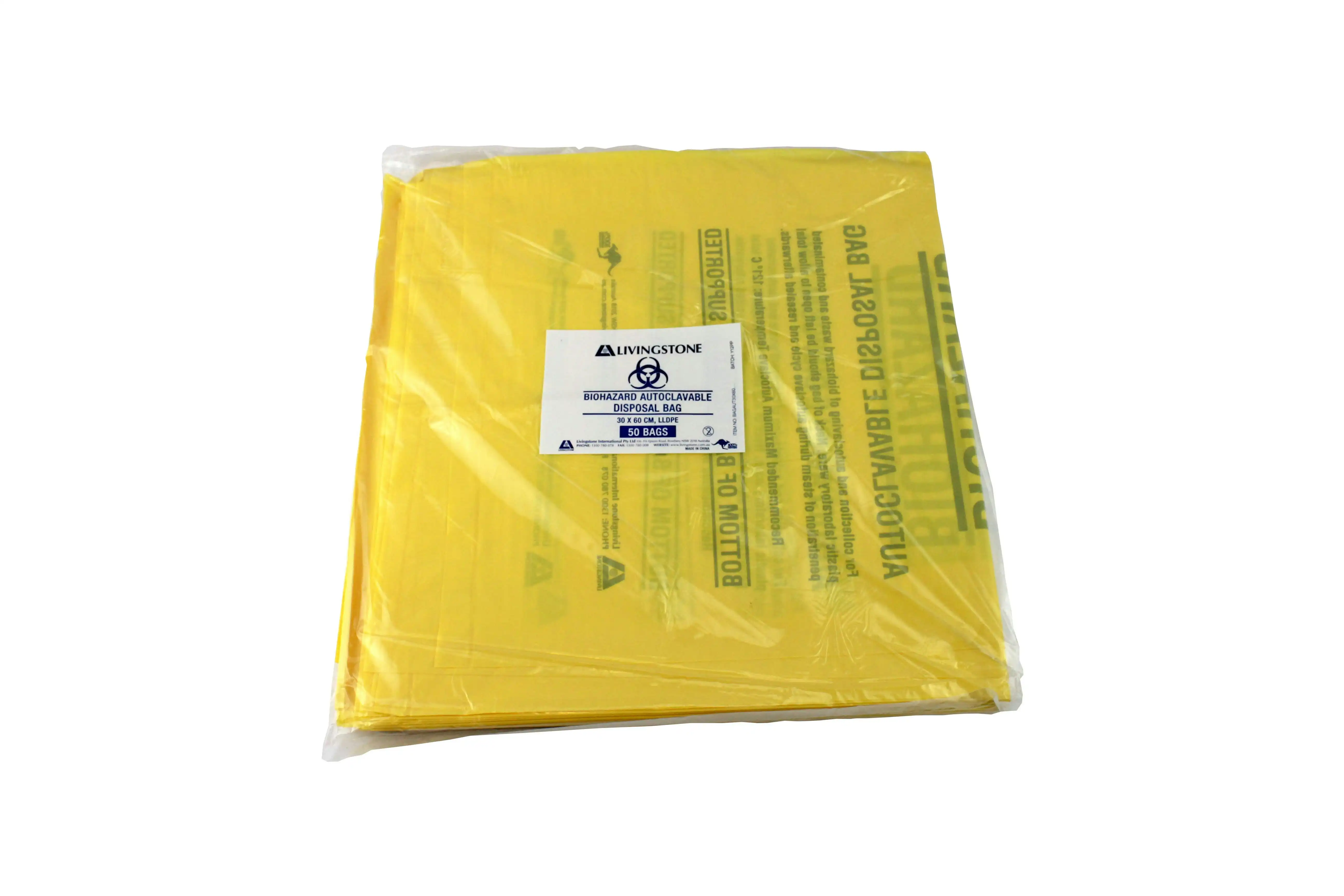 Liv Biohazard Autoclavable Waste Bag, 30 x 60cm, 20 Litres, 50 Microns, Heat Resistant Polypropylene, Yellow, 50/Pack, 500/Carton x3