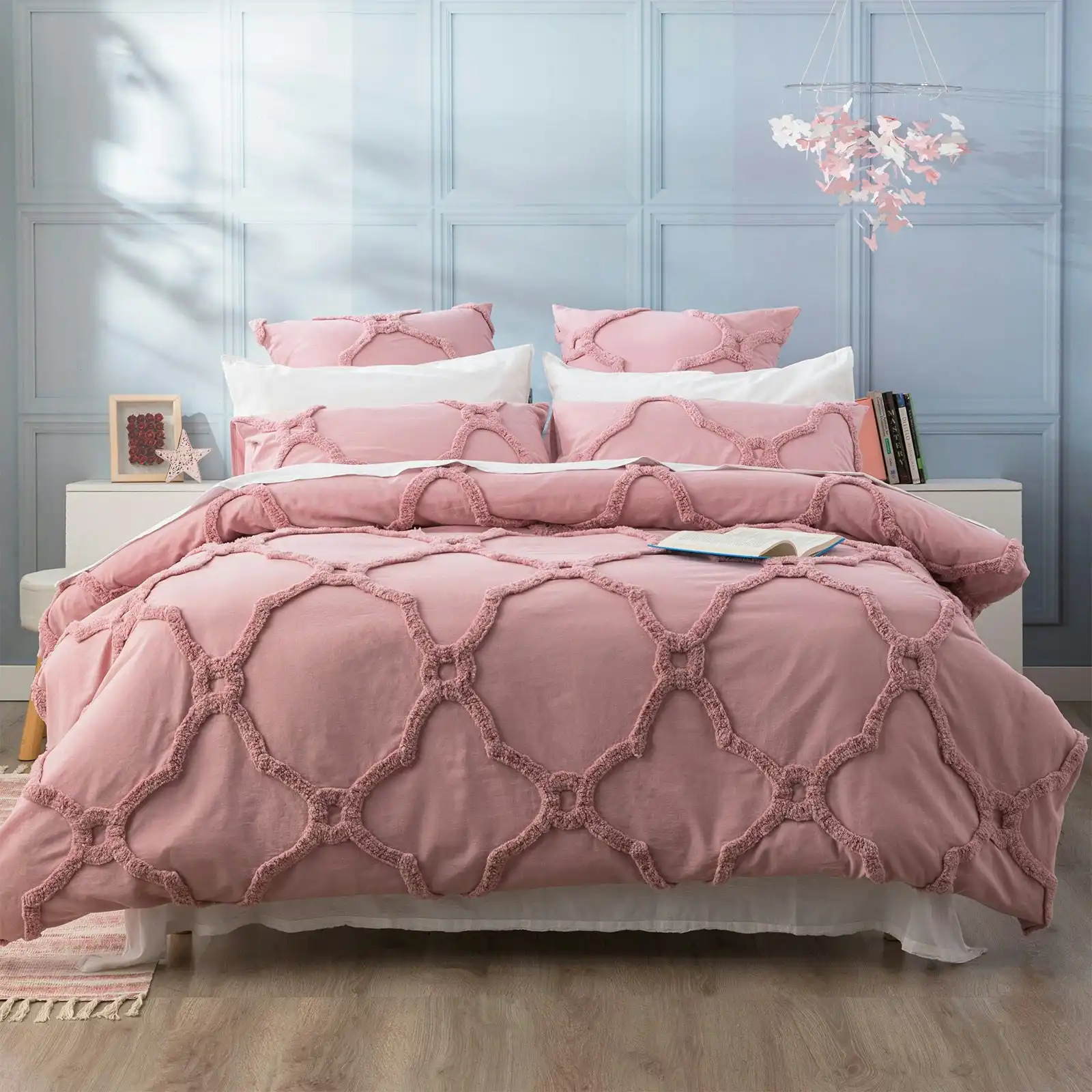 Moroccan 100% Blush Cotton Chenille Vintage washed Tufted Quilt cover set by Renee Taylor