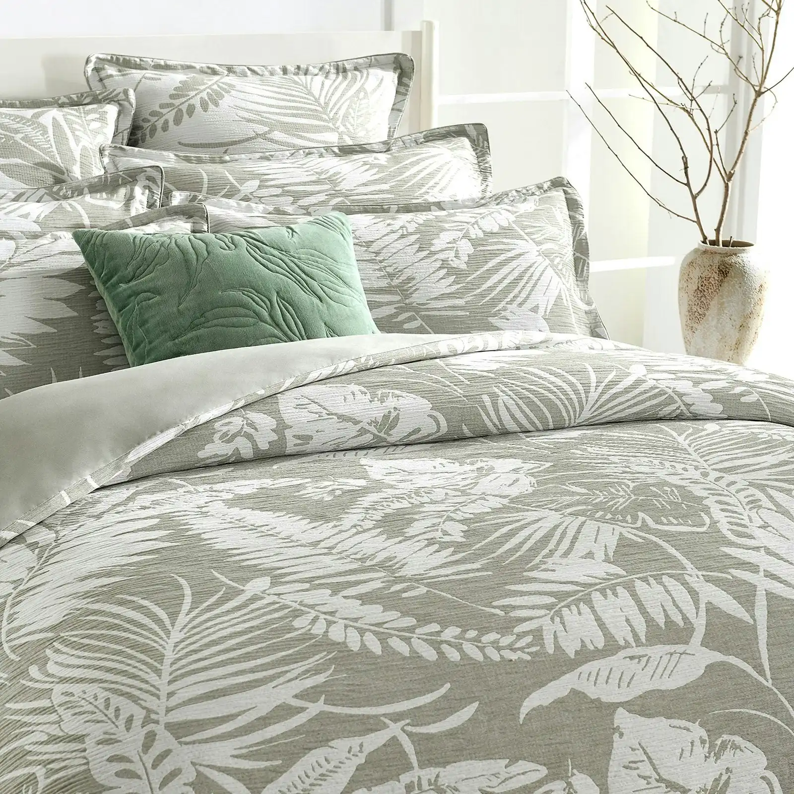 Palm Tree Sage Green Jacquard Quilt Cover Set by Renee Taylor