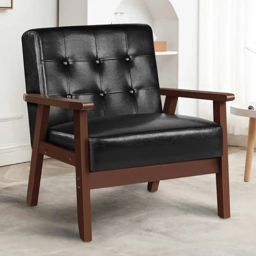 Alfordson Armchair Wooden Lounge Accent Chair PU Leather Seat Sofa Couch Black