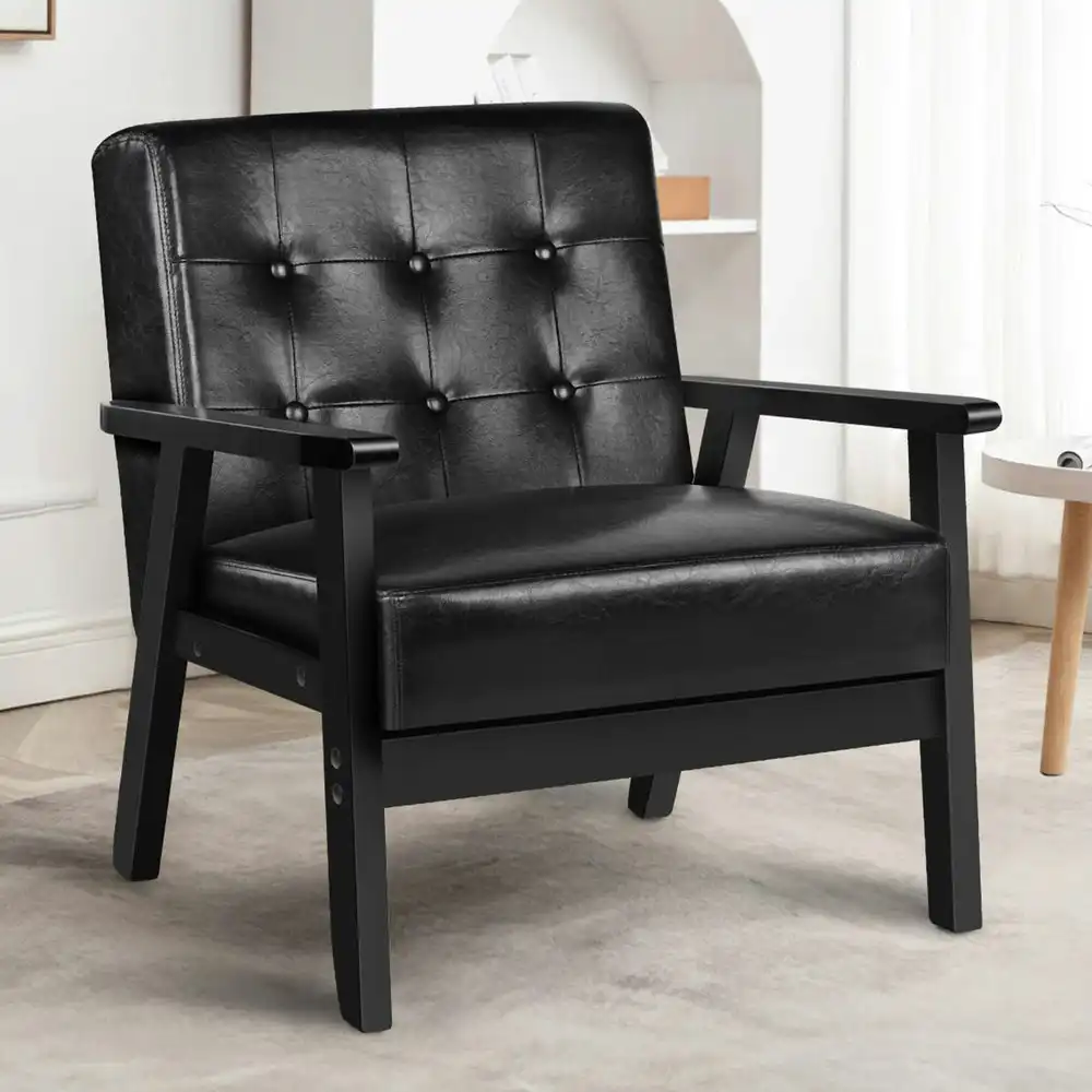 Alfordson Wooden Armchair Accent Lounge Chair PU Leather Seat Sofa Couch Black