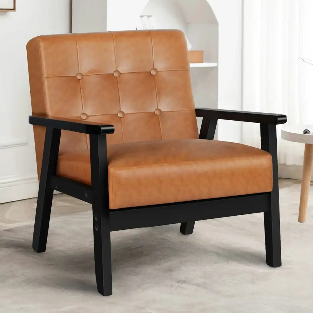 Alfordson Wooden Armchair Retro Accent Chair Lounge Sofa Couch PU Leather Seat