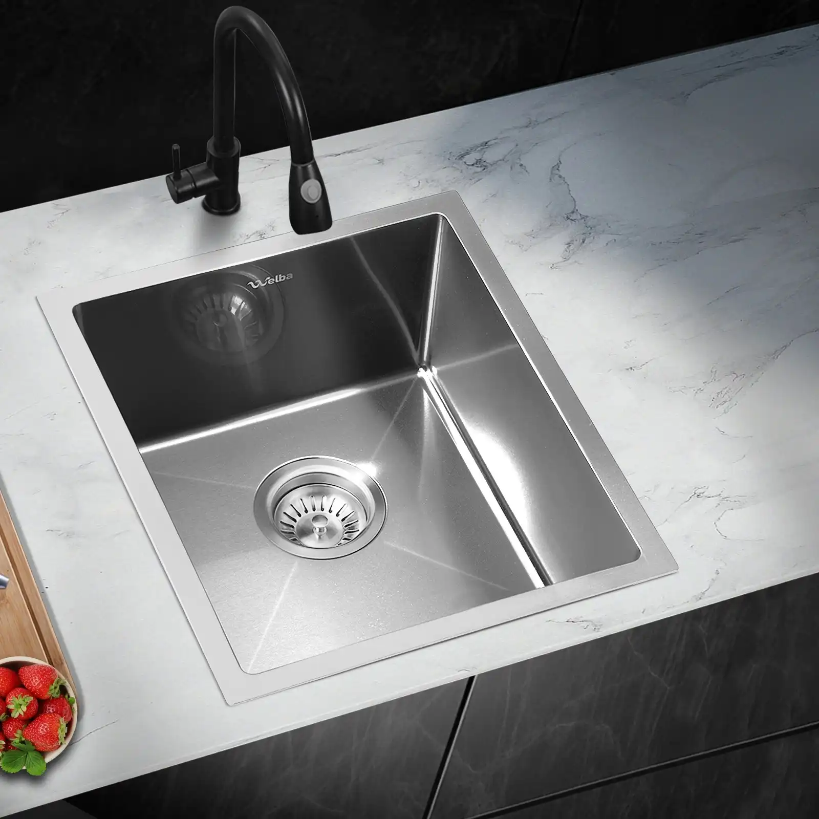 Welba Kitchen Sink 38X44CM Stainless Steel Single Bowl Basin With Waste Silver