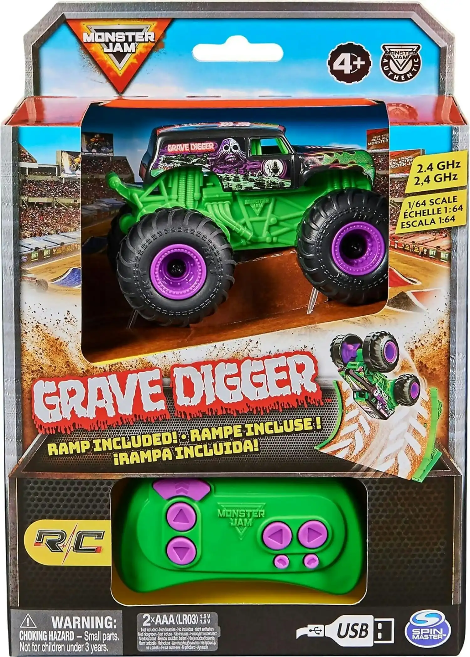 Monster Jam - Grave Digger Remote Control Monster Truck 1:64 Scale Includes Ramp Rc Cars Kids Toys For Boys And Girls Ages 4 And Up - Spin Master