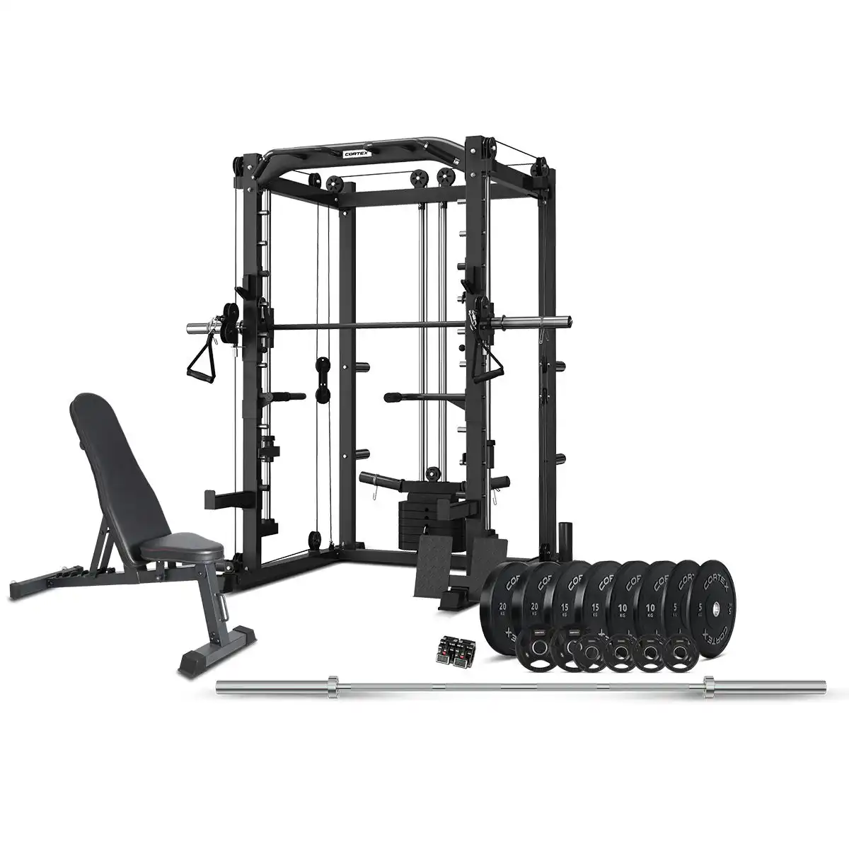 Cortex SM-20 6-in-1 Power Rack with Smith & Cable Machine + BN-6 Bench + 130kg Olympic Bumper V2 Weight Plate & Barbell Package