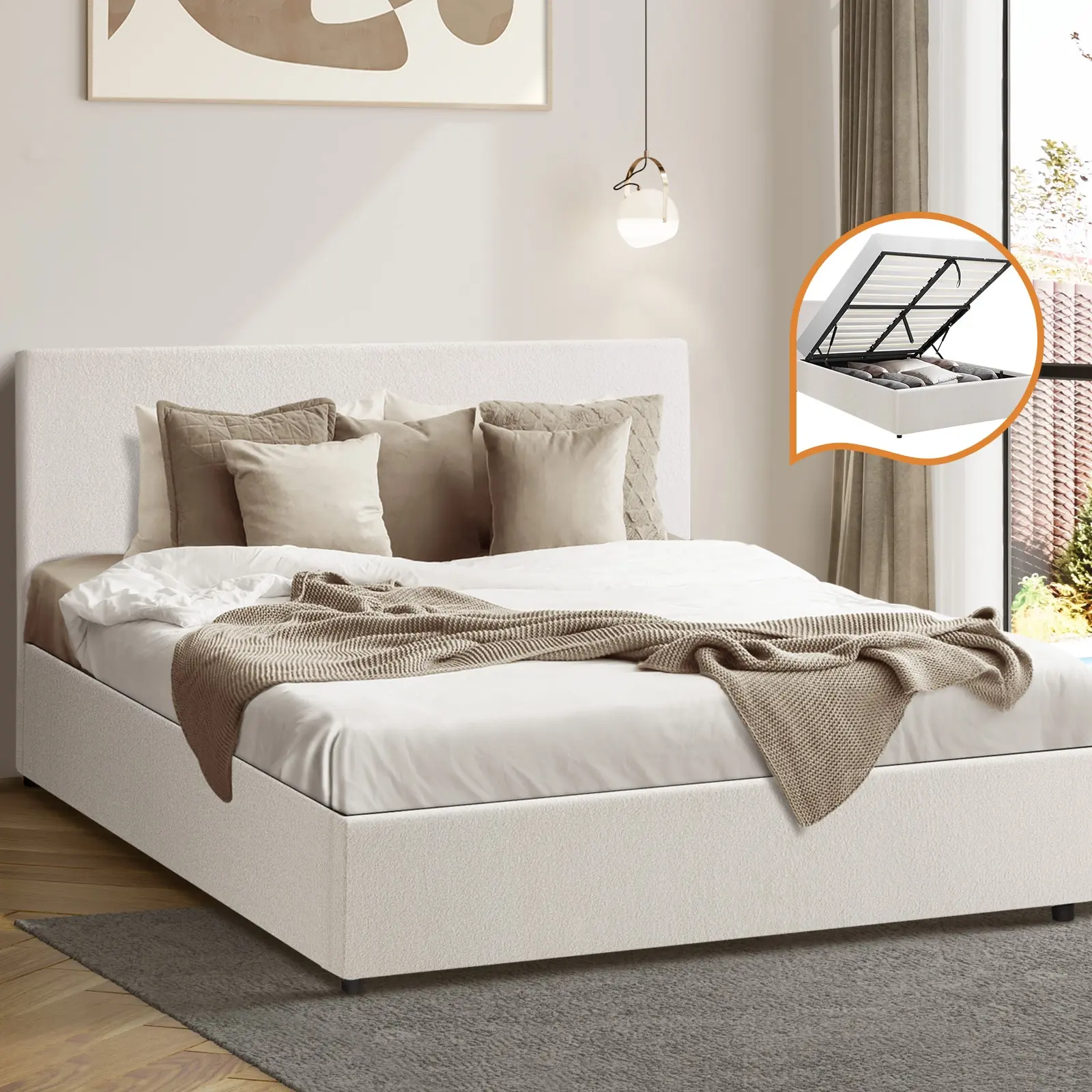 Oikiture Bed Frame Queen Size Gas Lift White Boucle | Kamprads