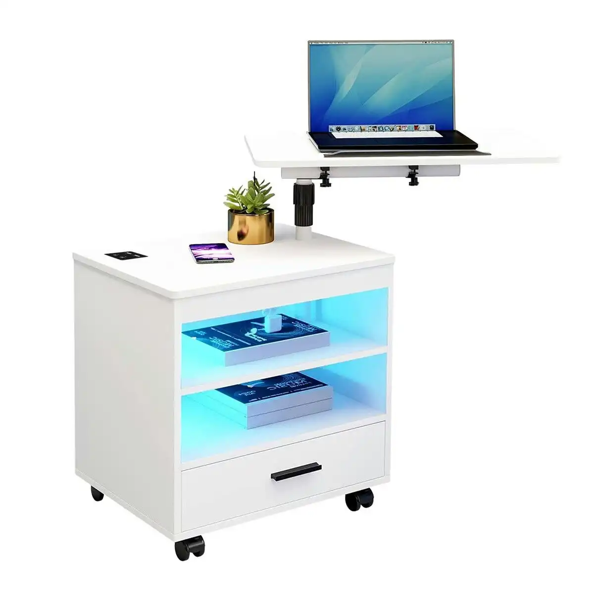 Ausway Smart Bedside Table LED End Desk Adjustable Night Stand Rotatable Laptop Workstation Bedroom Drawer Human Induction White